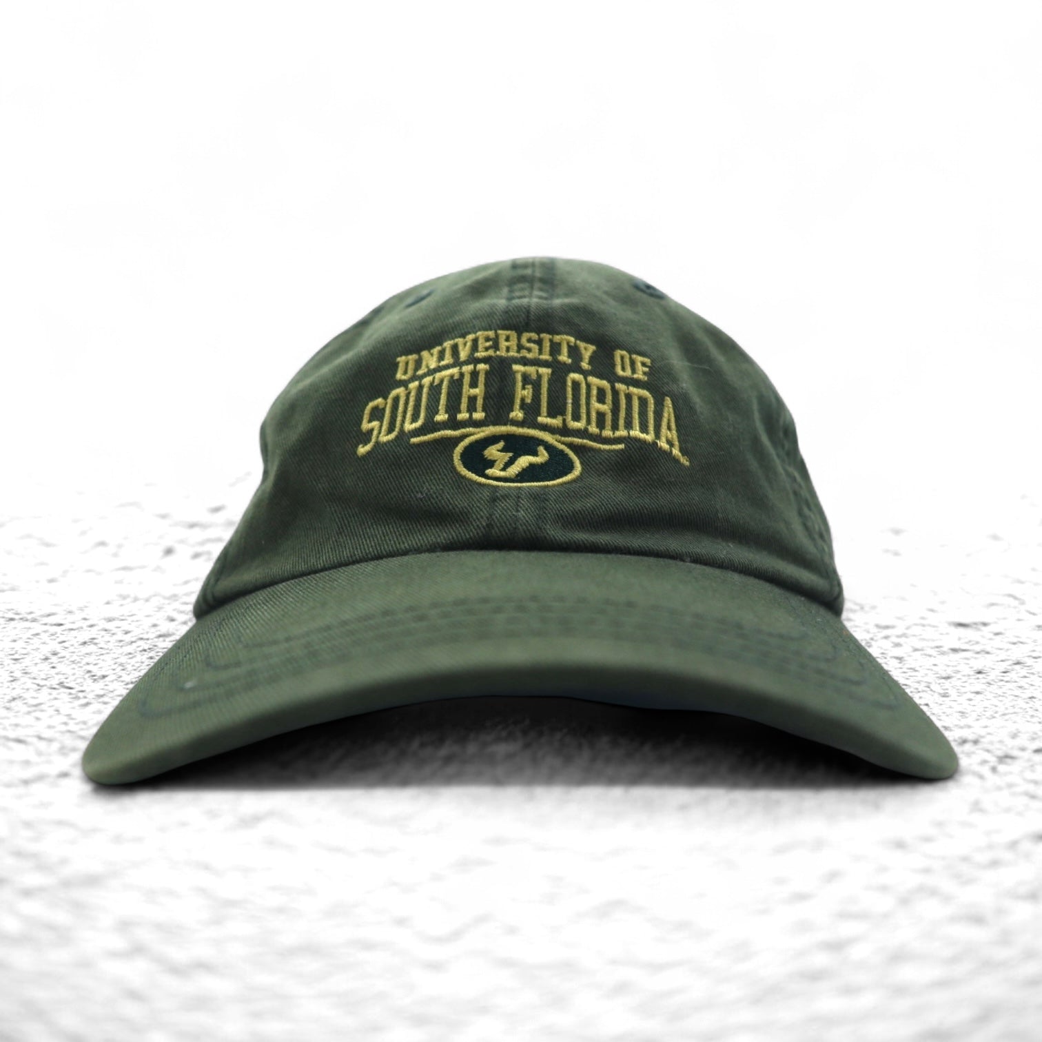 Anni '90 ZEPHYR cappellino a 6 pannelli lavato ricamato college FREE con velcro, kaki, SOUTH FLORIDA, logo ad arco