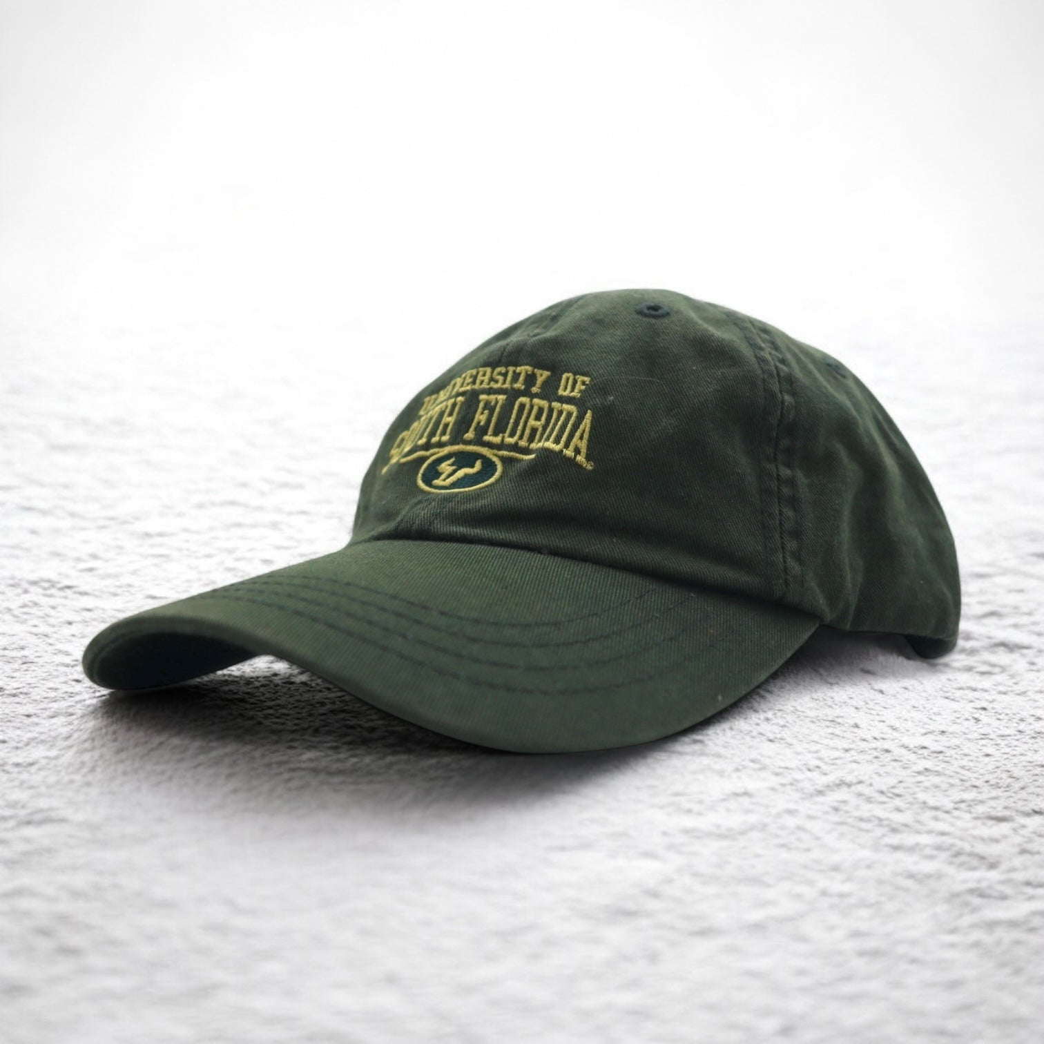Anni '90 ZEPHYR cappellino a 6 pannelli lavato ricamato college FREE con velcro, kaki, SOUTH FLORIDA, logo ad arco