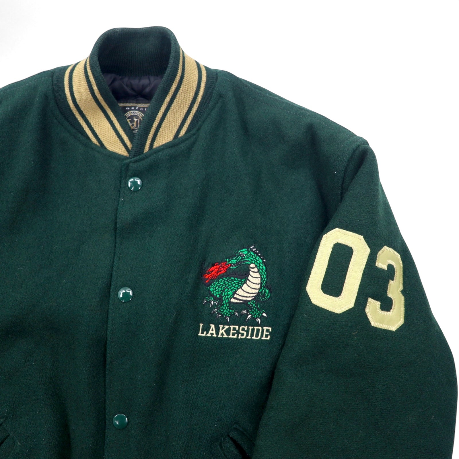 Giacca college in feltro Holloway, anni '90, made in USA, con polsini e orlo a righe, taglia M, colore verde, lana, ricamo LAKESIDE Alicia
