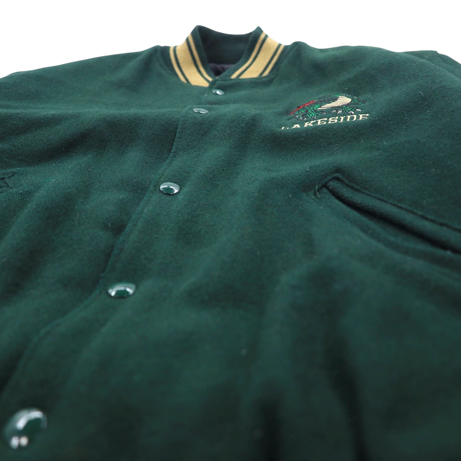 Giacca college in feltro Holloway, anni '90, made in USA, con polsini e orlo a righe, taglia M, colore verde, lana, ricamo LAKESIDE Alicia