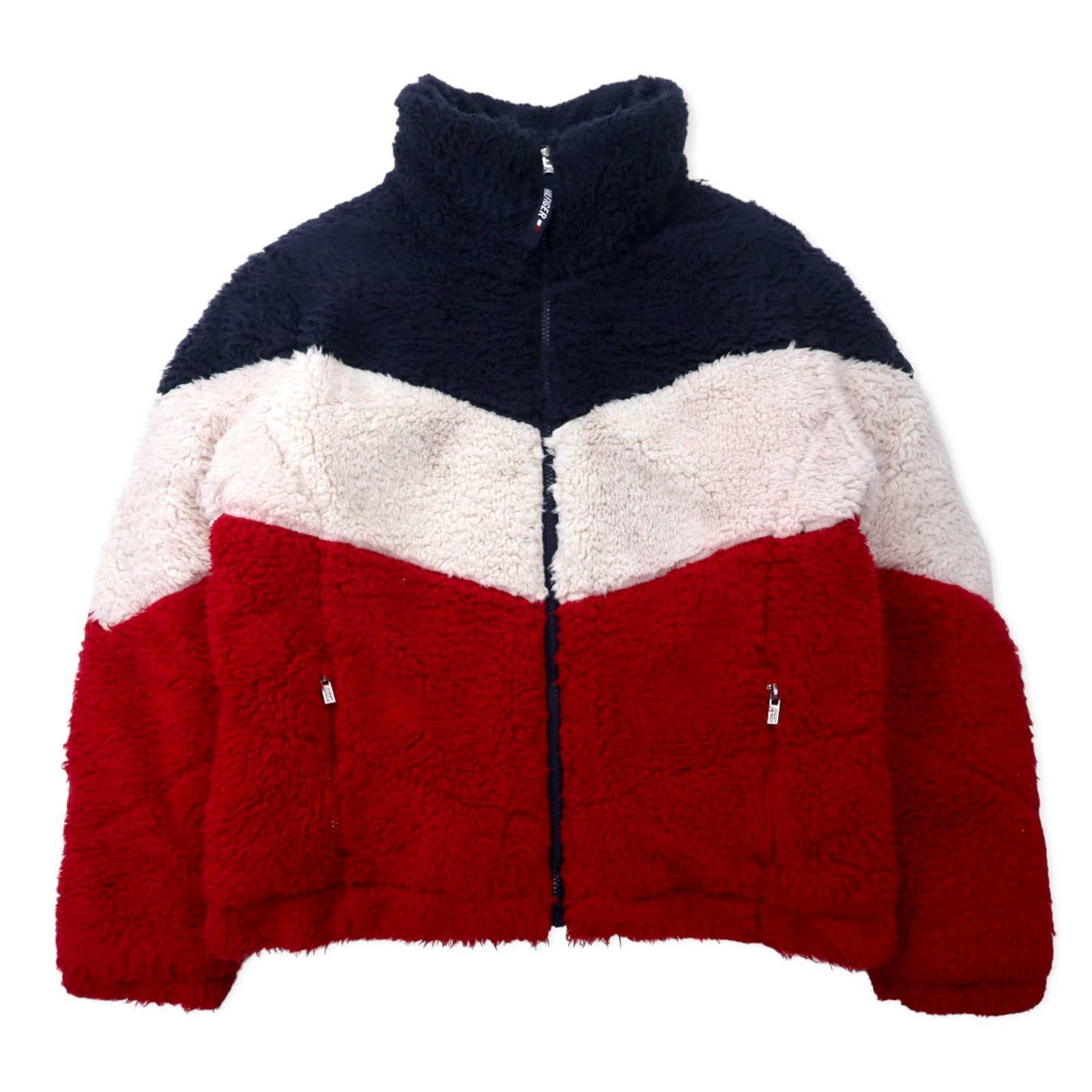 TOMMY HILFIGER SPORT Giacca in pile Sherpa, taglia M, blu navy, bianco, rosso, colori a tricella, poliestere