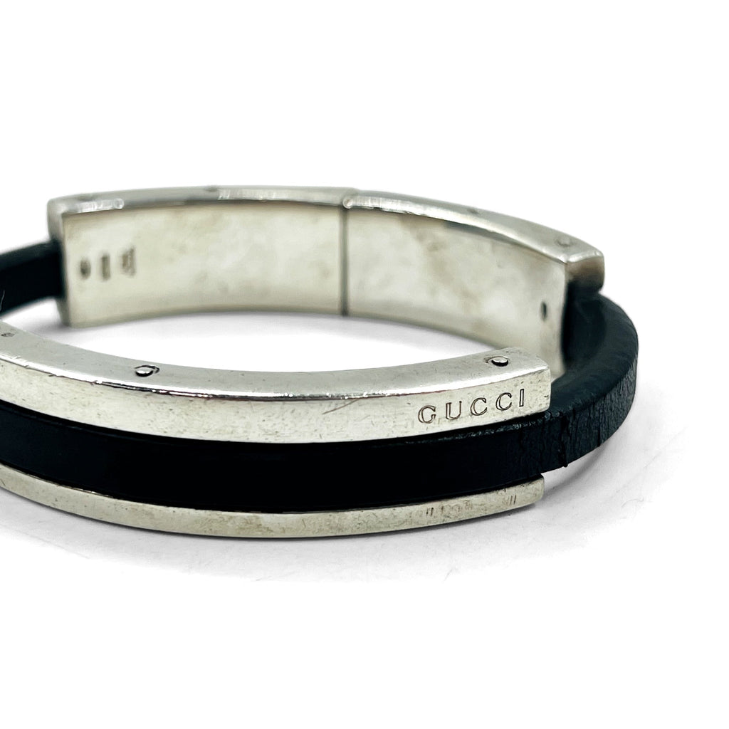 GUCCI レザー シルバー バングル ブレスレット Silver 925 ブラック イタリア製
