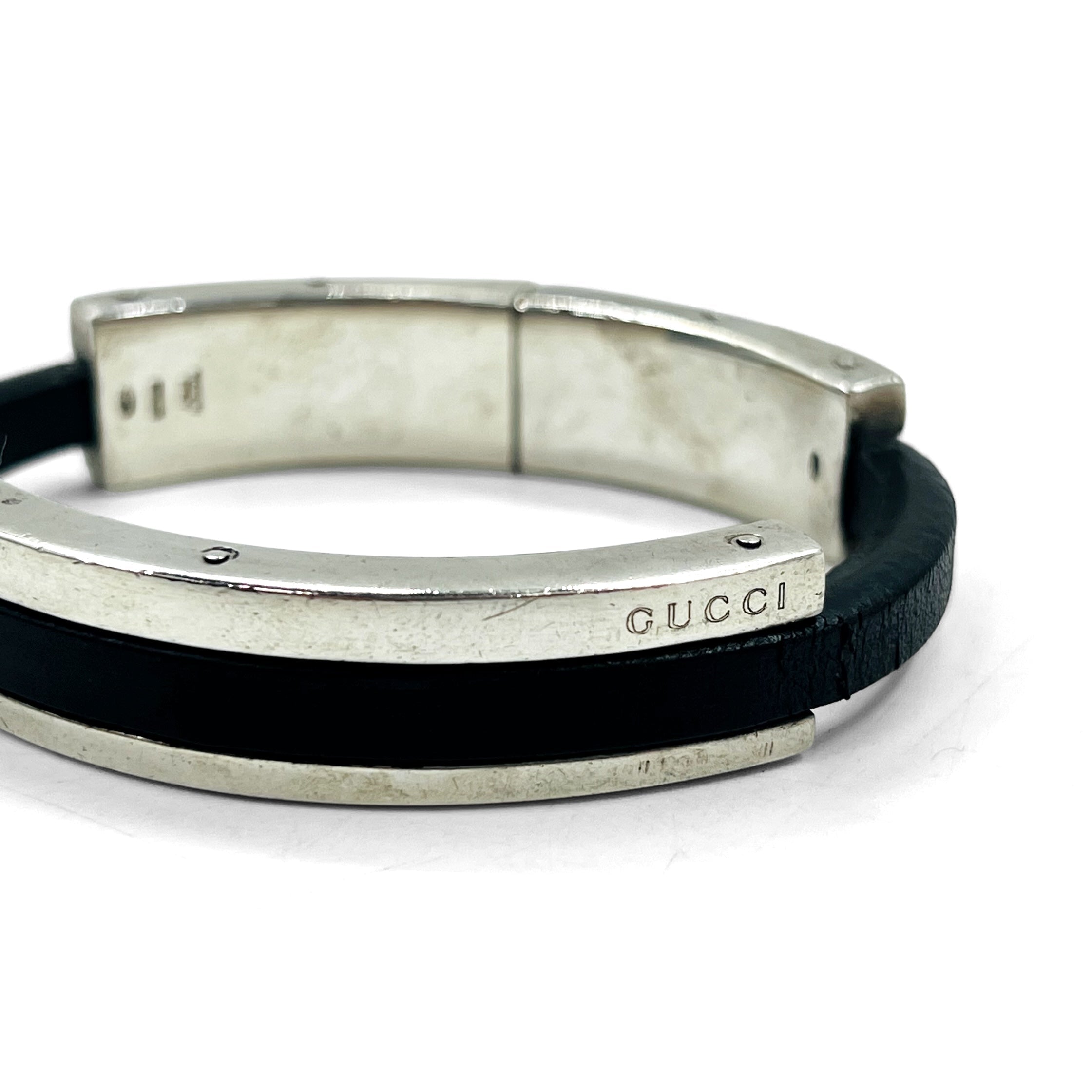 GUCCI レザー シルバー バングル ブレスレット Silver 925 ブラック イタリア製
