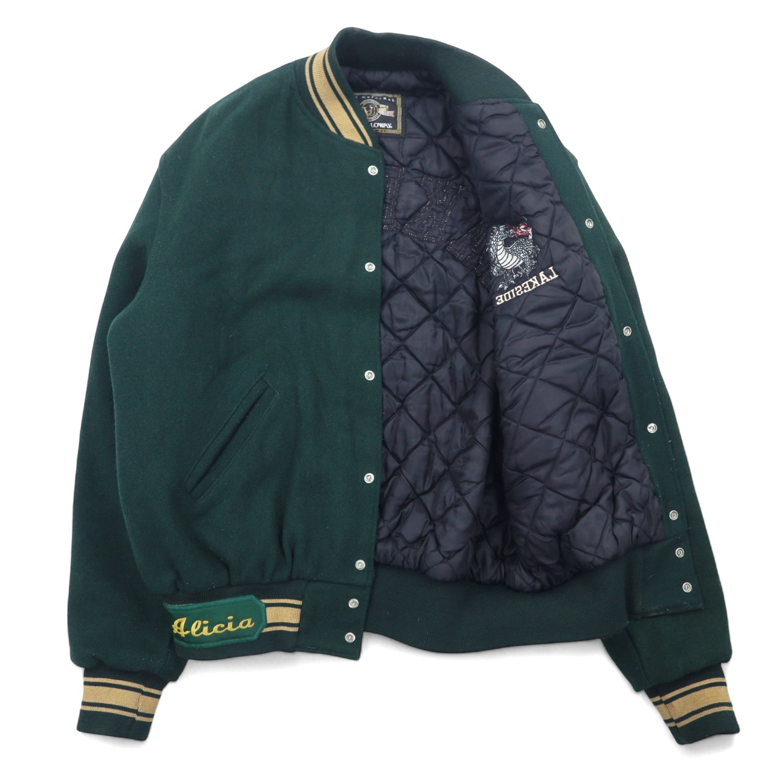 Giacca college in feltro Holloway, anni '90, made in USA, con polsini e orlo a righe, taglia M, colore verde, lana, ricamo LAKESIDE Alicia