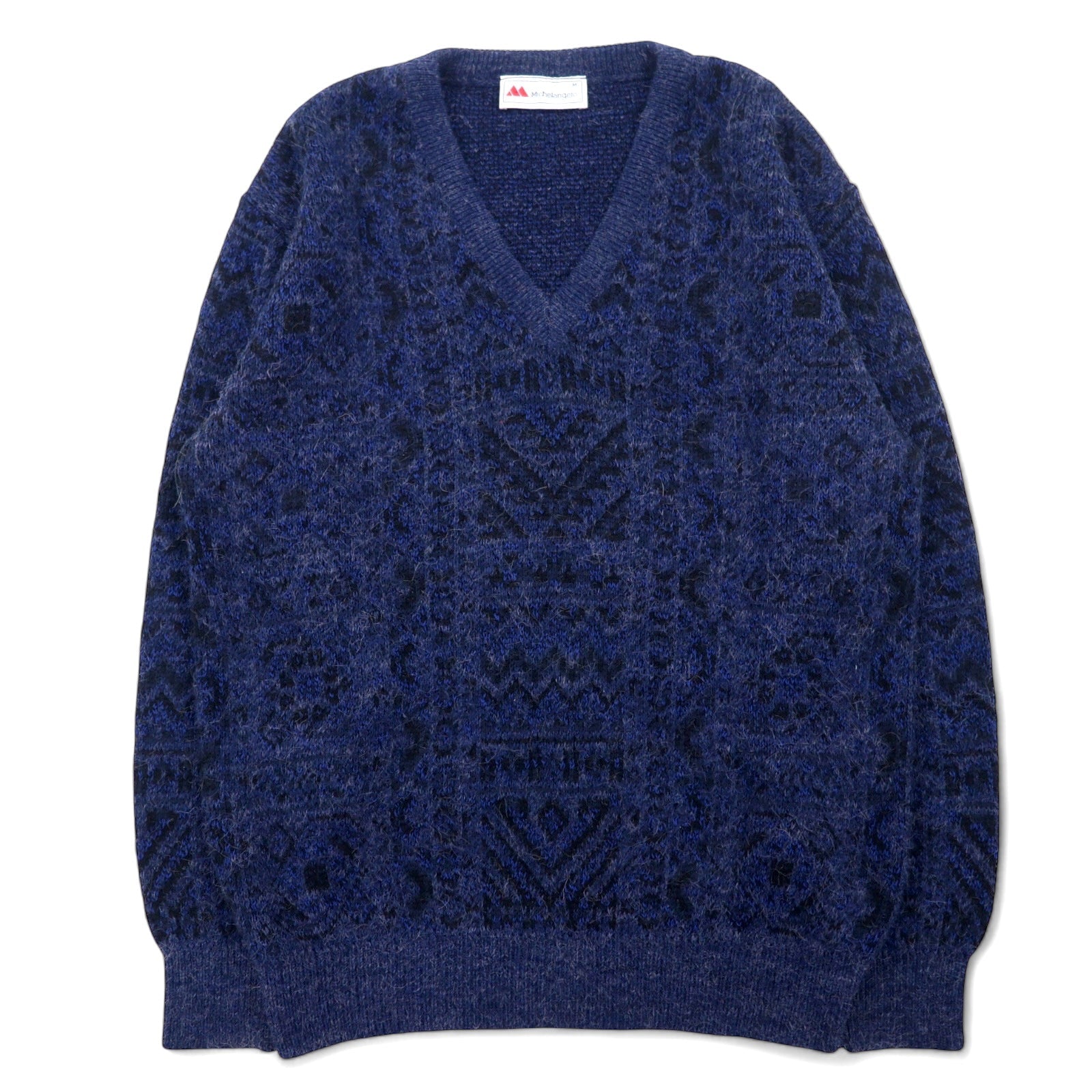 Maglione V-neck in jacquard Michelangelo anni '90, taglia M, blu navy, acrilico, fantasia all-over