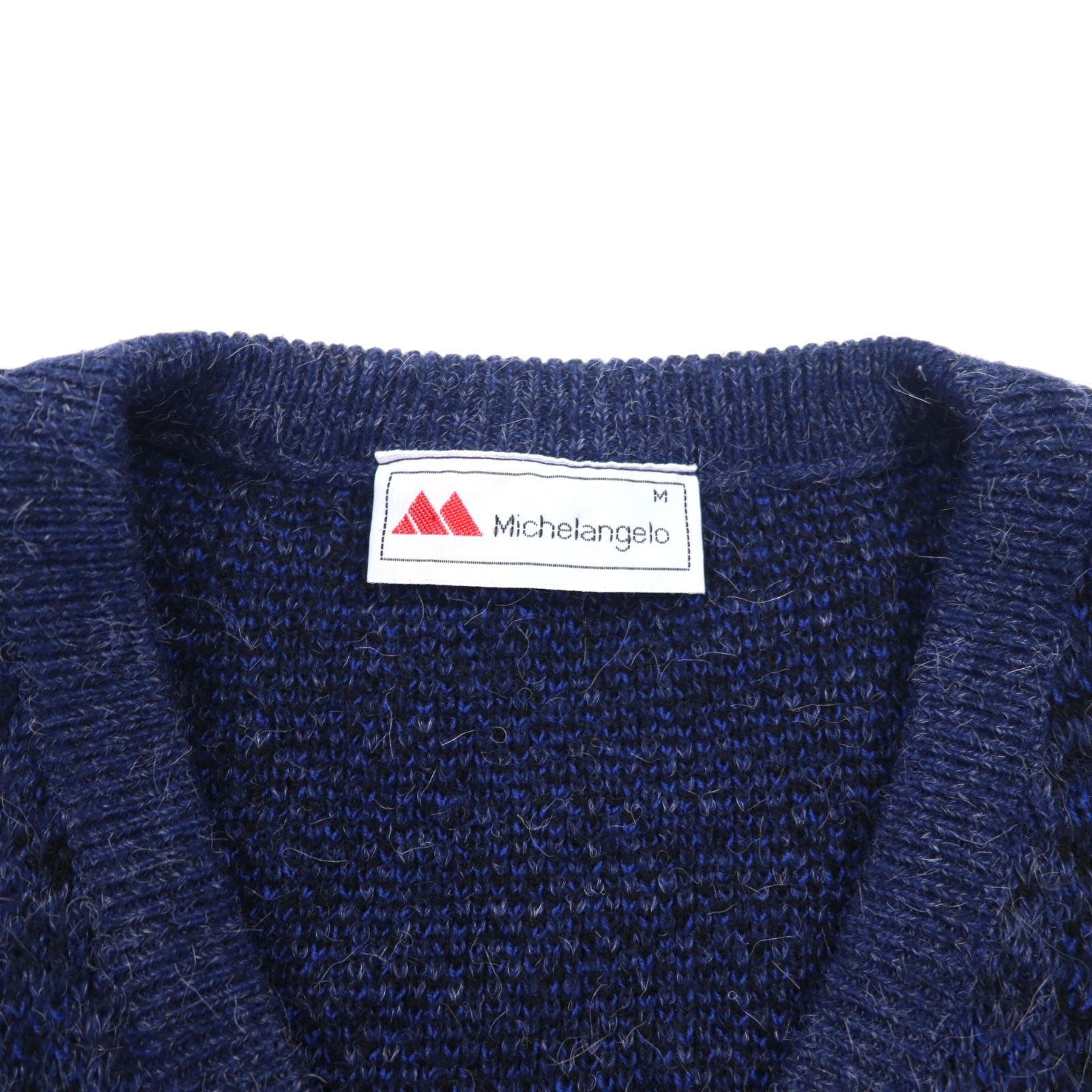 Maglione V-neck in jacquard Michelangelo anni '90, taglia M, blu navy, acrilico, fantasia all-over