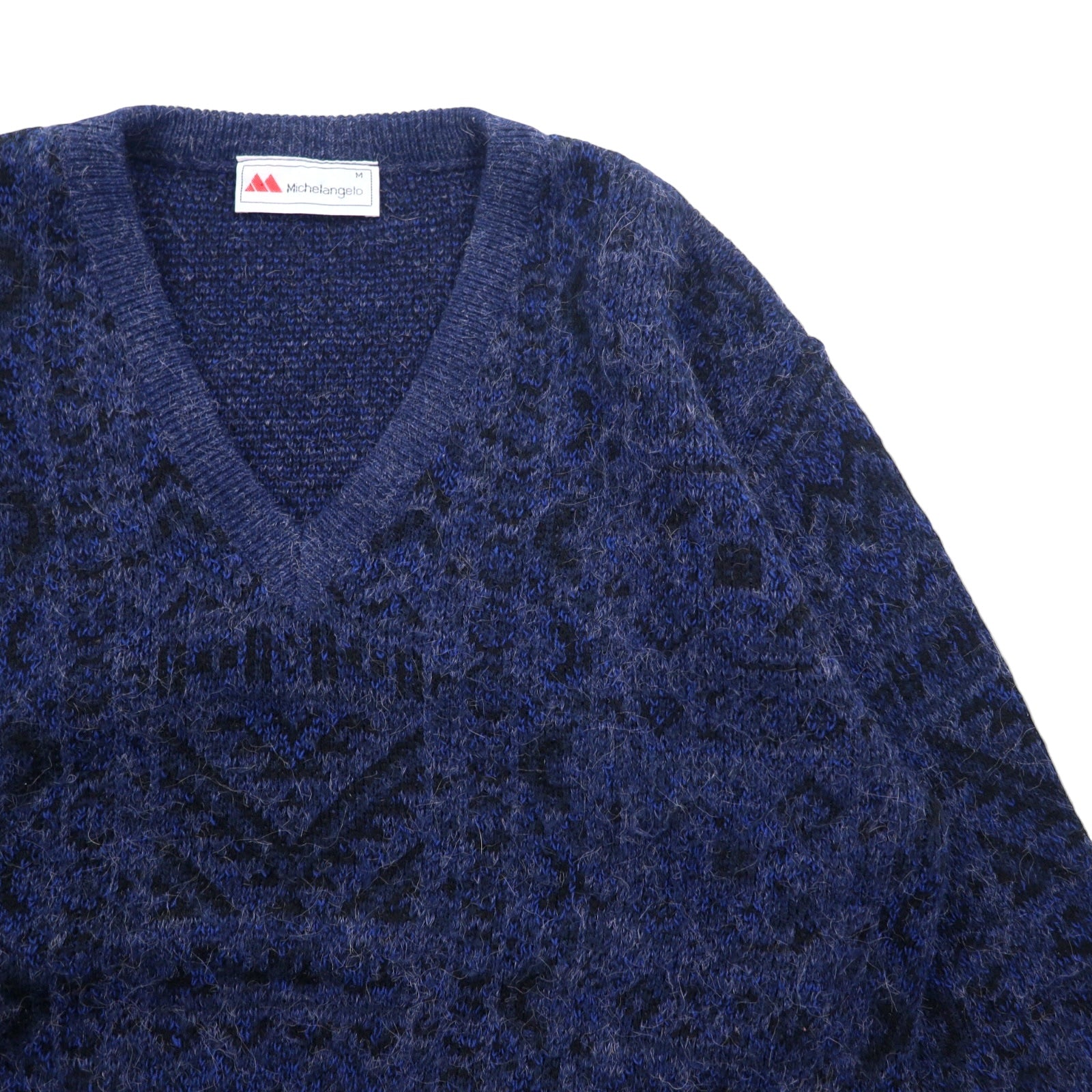 Maglione V-neck in jacquard Michelangelo anni '90, taglia M, blu navy, acrilico, fantasia all-over