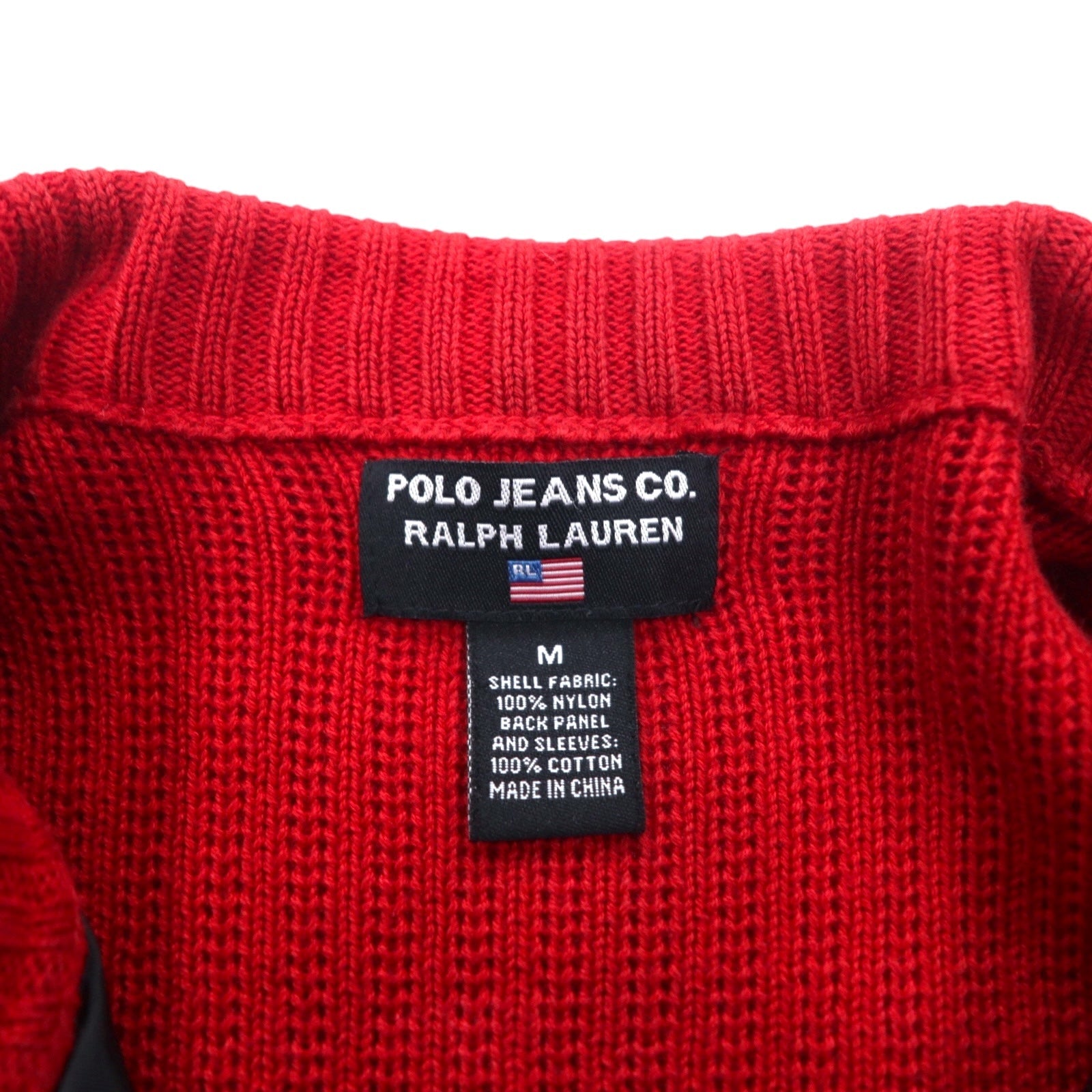 POLO JEANS CO. RALPH LAUREN anni '90 Giacca in maglia da camionista con inserti in nylon, taglia M, colore rosso