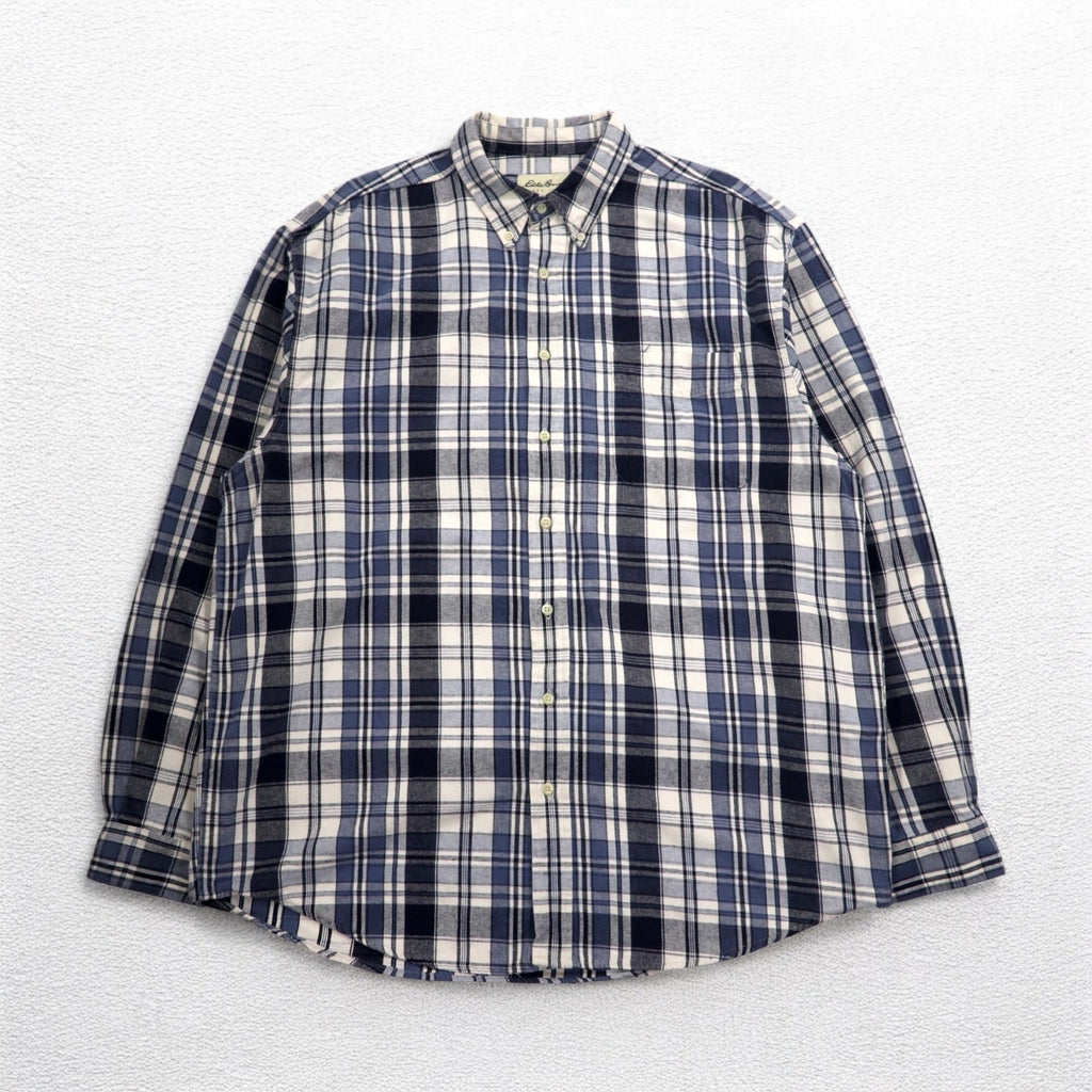 Eddie Bauer 90年代 ボタンダウン フランネルシャツ XL ホワイト ネイビー チェック コットン