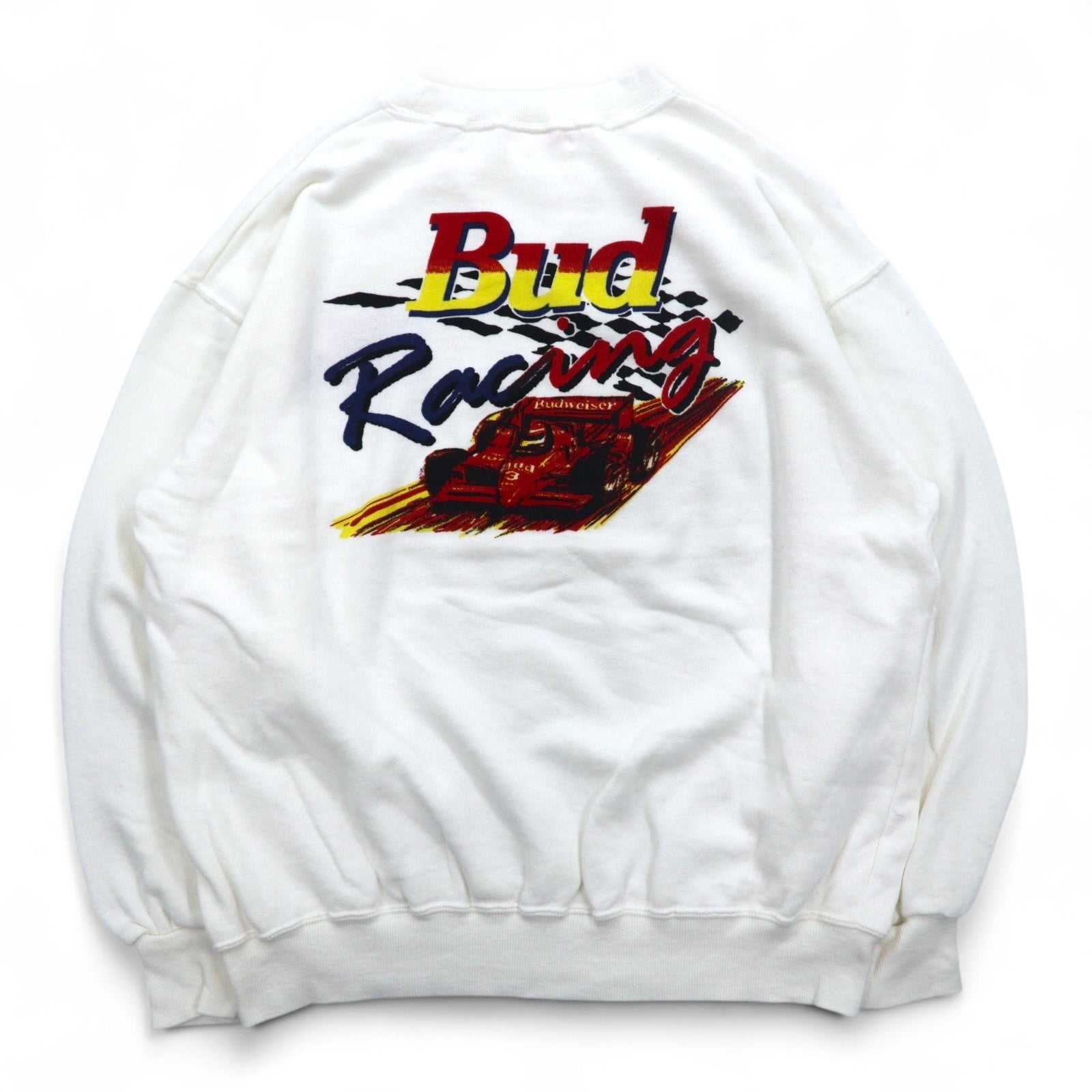 Vintage anni '90 Felpa Budweiser Bud Racing Felpa M Bianca Stampa Auto da corsa