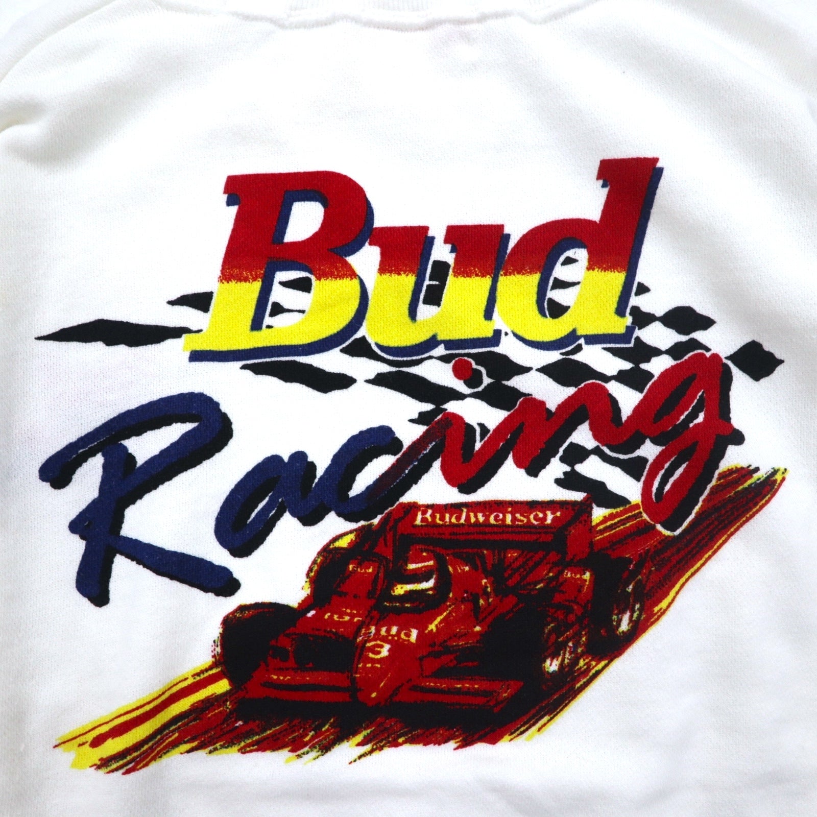 Vintage anni '90 Felpa Budweiser Bud Racing Felpa M Bianca Stampa Auto da corsa