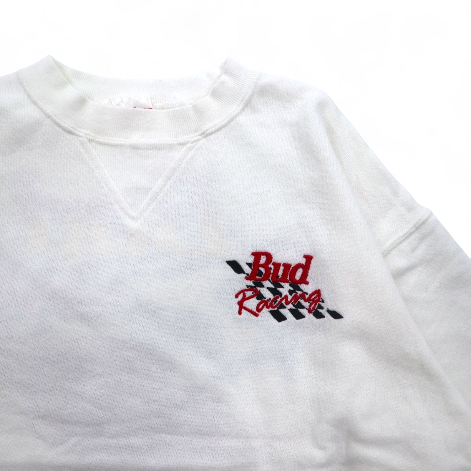 Vintage anni '90 Felpa Budweiser Bud Racing Felpa M Bianca Stampa Auto da corsa