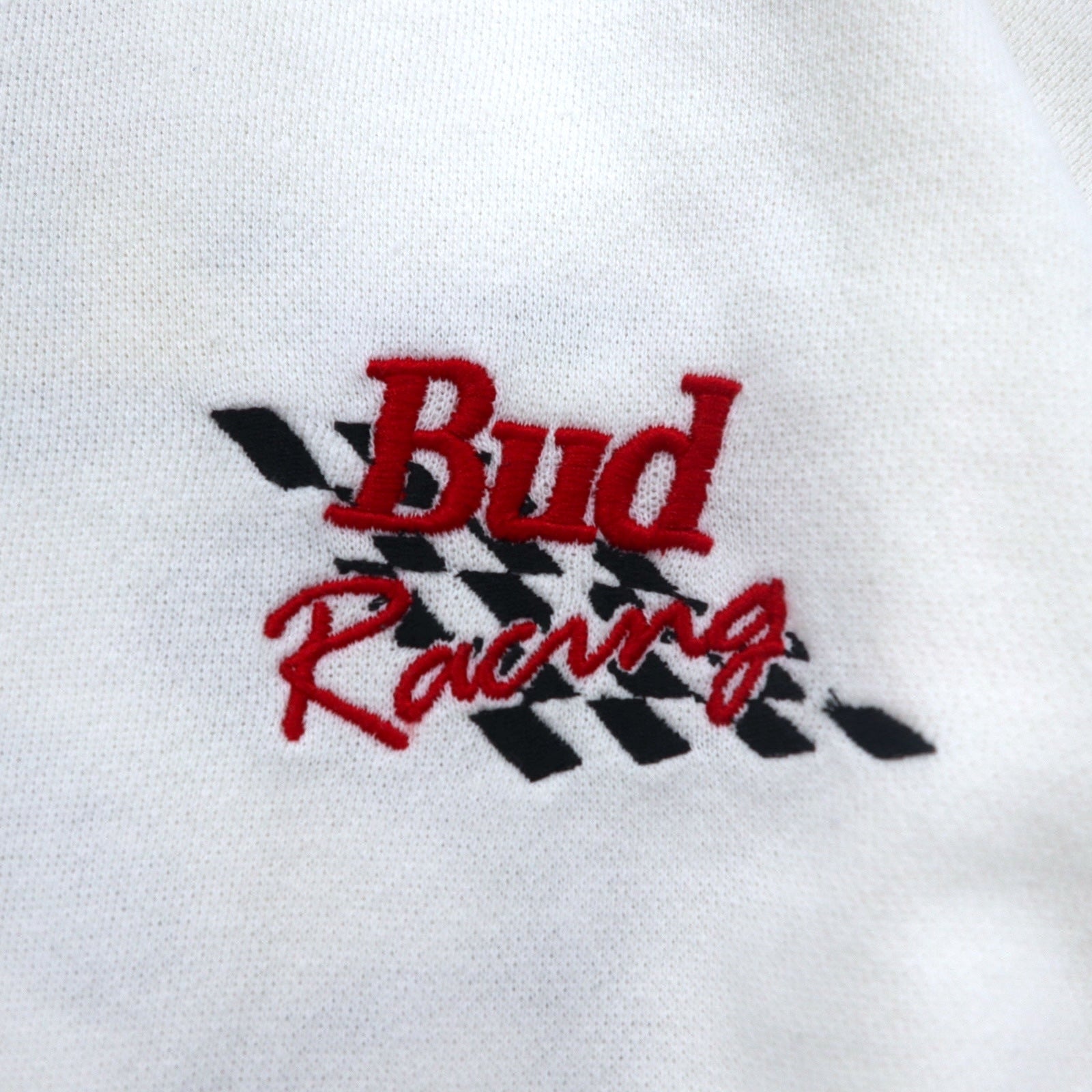 Vintage anni '90 Felpa Budweiser Bud Racing Felpa M Bianca Stampa Auto da corsa