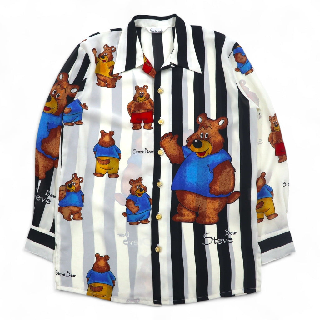Camicia retrò vintage anni '90 a collo aperto, Made in Japan, a righe, motivo all-over, orsetti, bottoni dorati, retrò, made in Japan, taglia M
