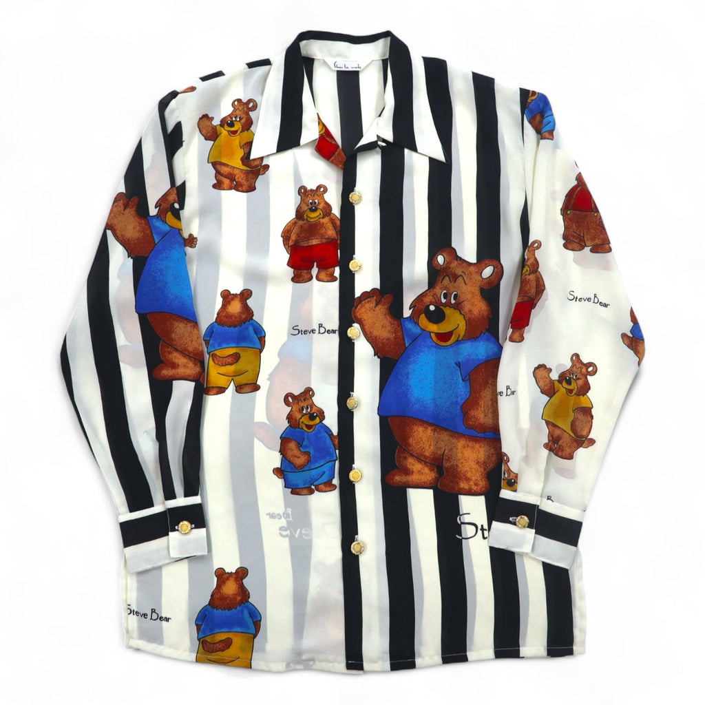 Camicia retrò vintage anni '90 a collo aperto, Made in Japan, a righe, motivo all-over, orsetti, bottoni dorati, retrò, made in Japan, taglia M