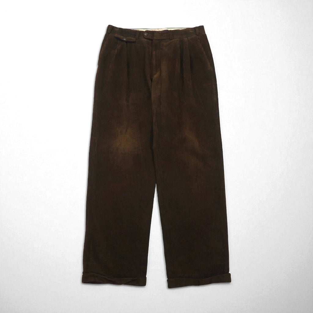 Burberry's anni '80 Pantaloni larghi a 2 pieghe in velluto a coste, made in Germania Ovest, taglia L, colore marrone, in cotone