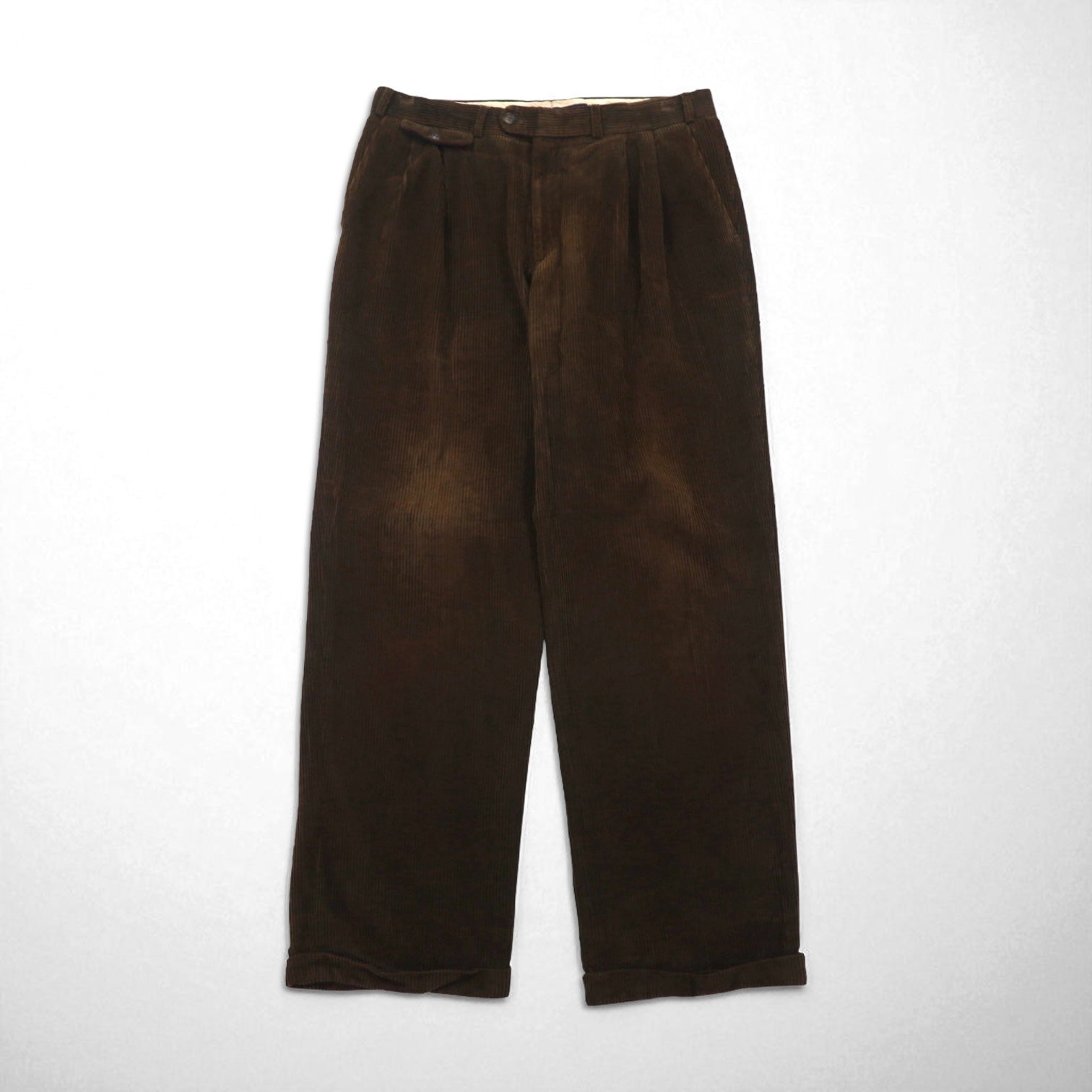 Burberry's anni '80 Pantaloni larghi a 2 pieghe in velluto a coste, made in Germania Ovest, taglia L, colore marrone, in cotone