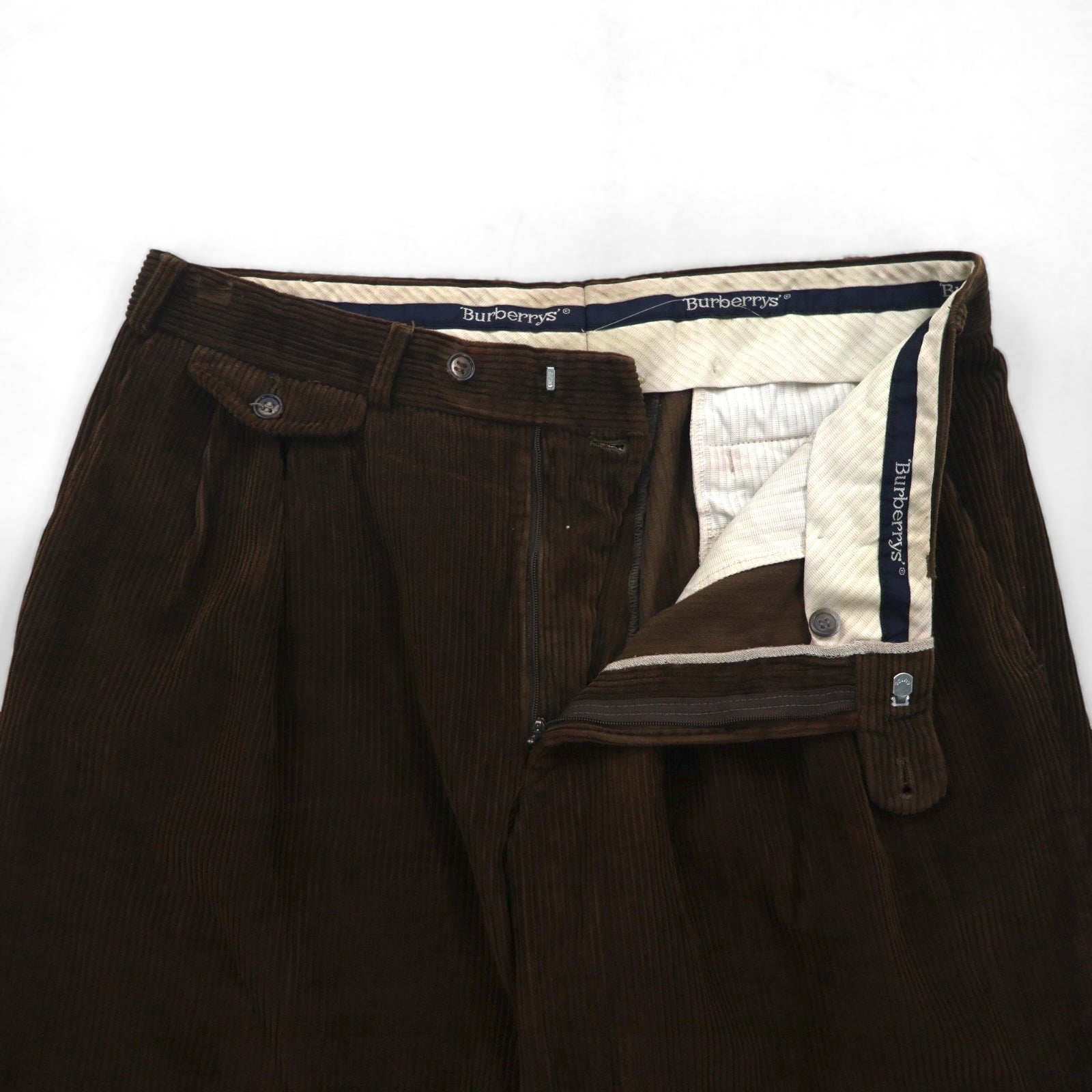 Burberry's anni '80 Pantaloni larghi a 2 pieghe in velluto a coste, made in Germania Ovest, taglia L, colore marrone, in cotone
