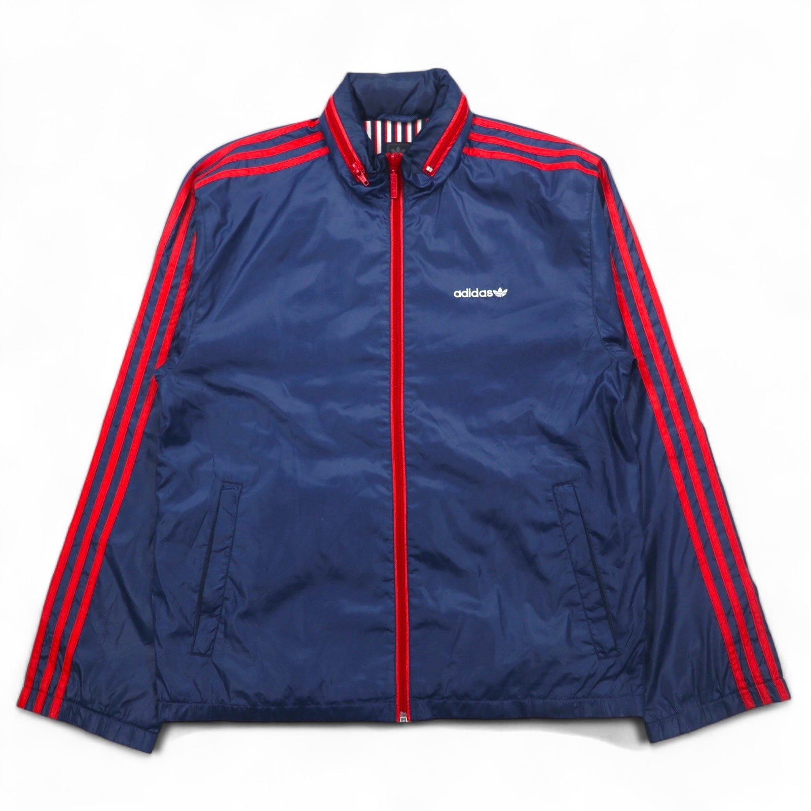 adidas originals giacca in nylon tuta anni 2000 S blu navy 3 strisce cappuccio ripiegabile