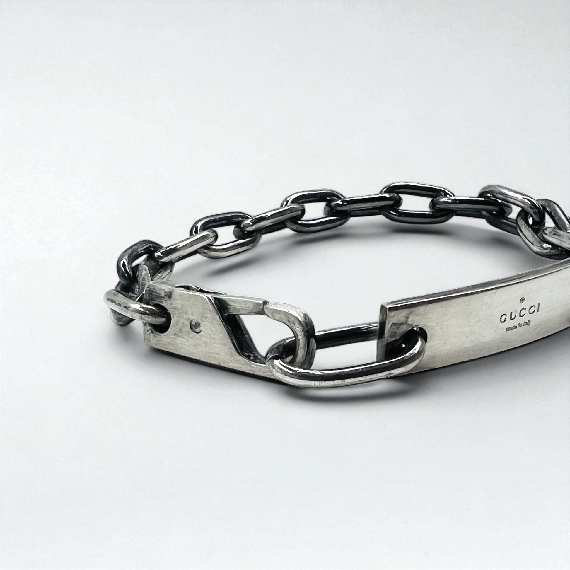 GUCCI Vintage ID Bracciale a catena in argento SV925 con placchetta logo Fabbricato in Italia