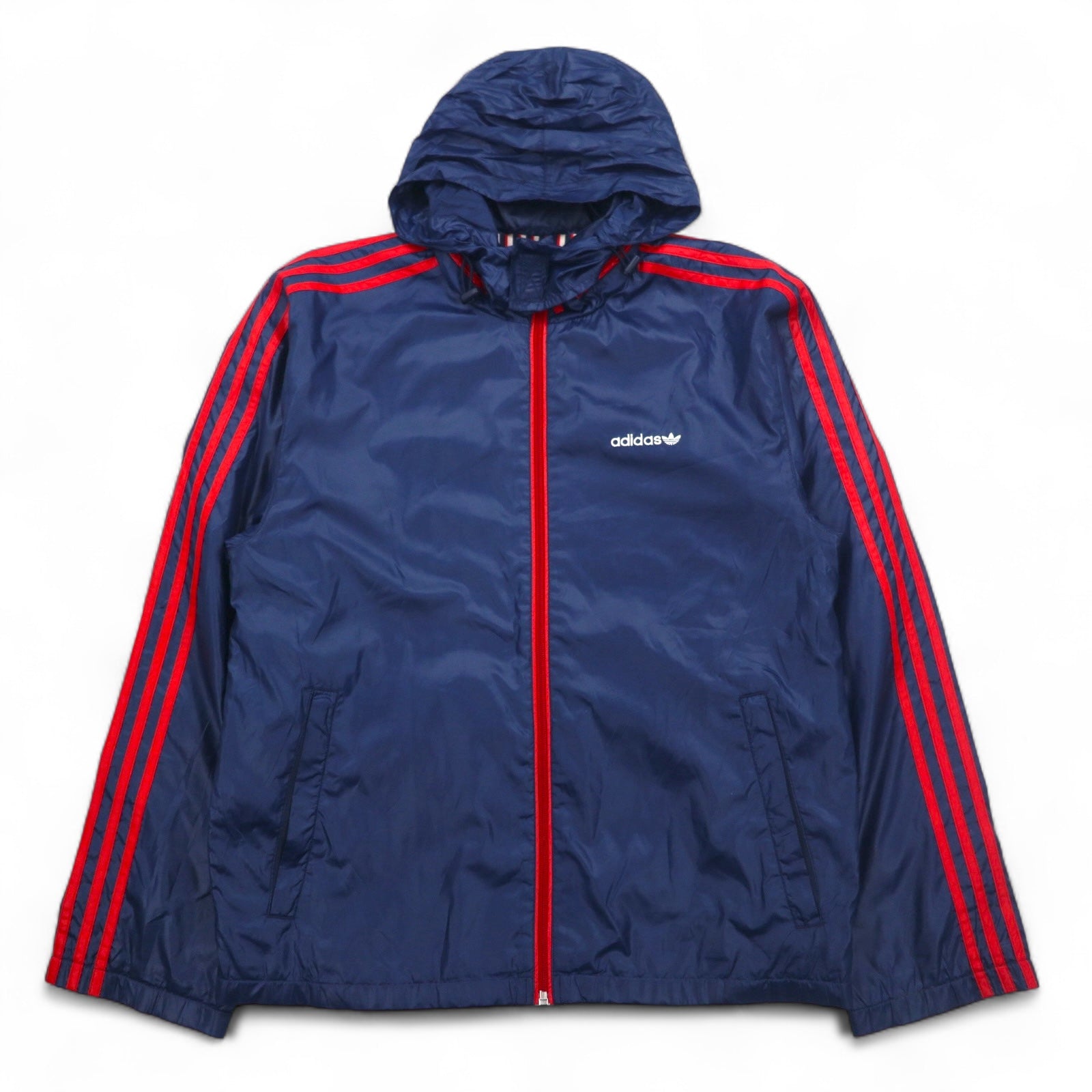 adidas originals giacca in nylon tuta anni 2000 S blu navy 3 strisce cappuccio ripiegabile