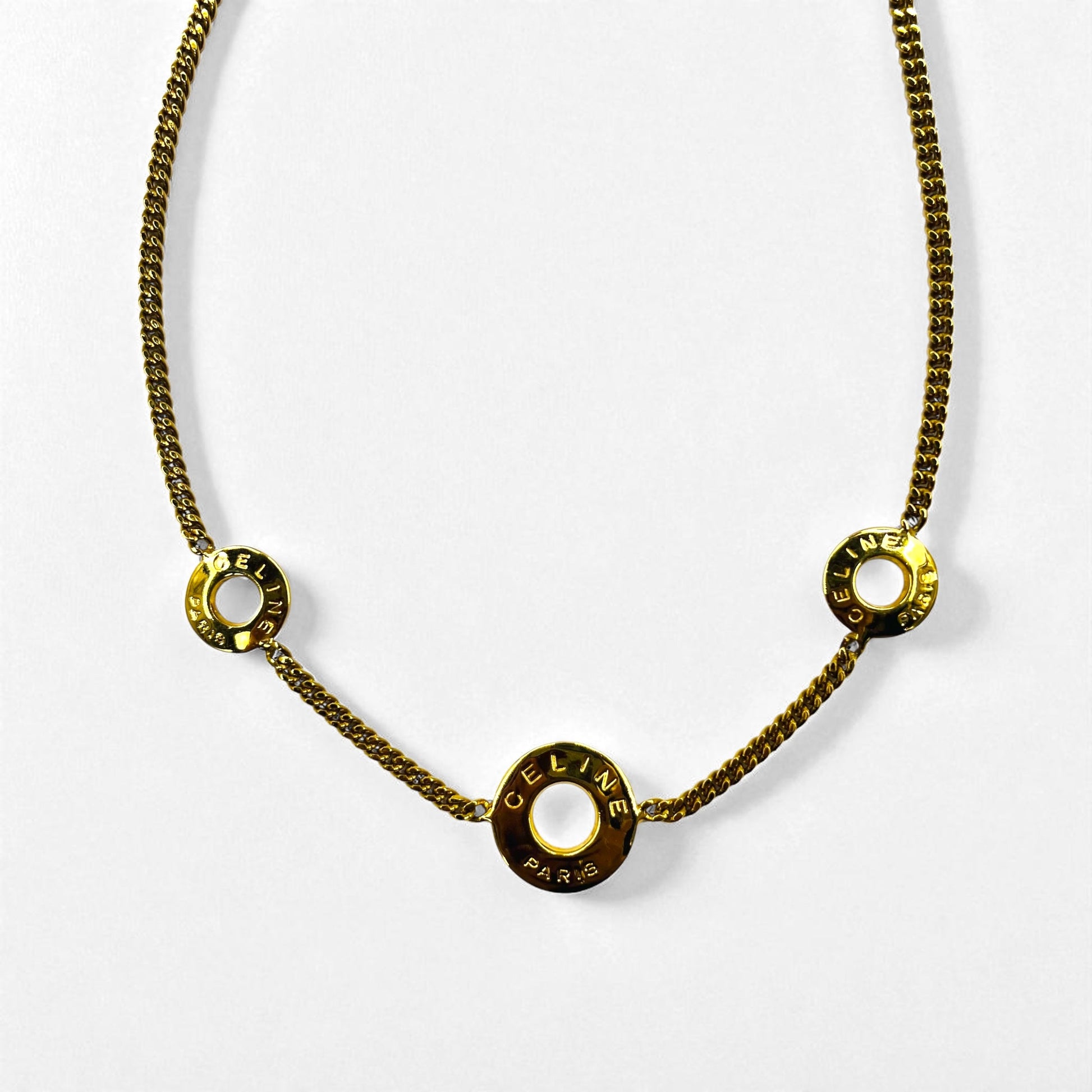 CELINE Vintage Collana Girocollo Catena Figaro Oro Triplo Logo a Cerchio Incisione LE Fatto in Italia