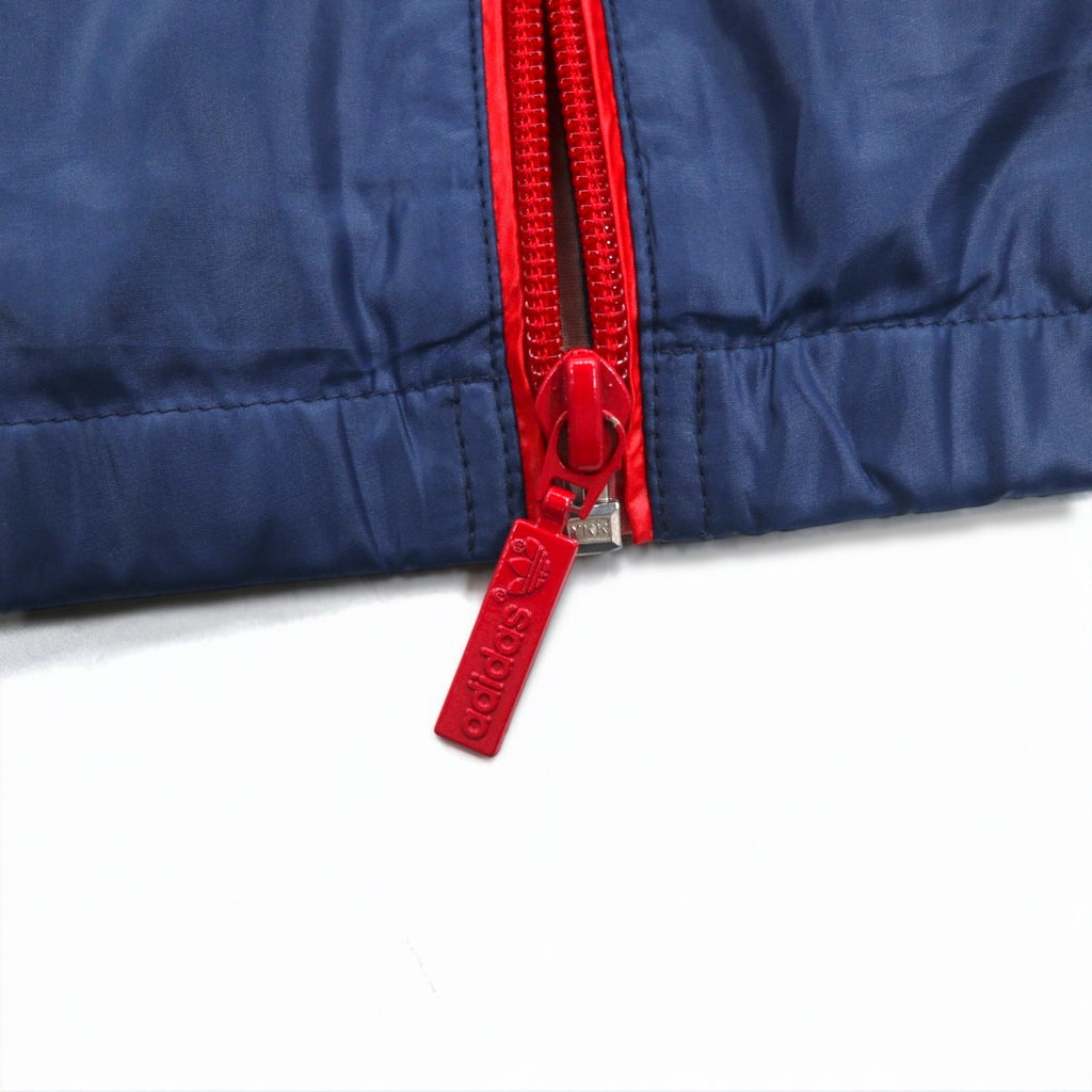 adidas originals giacca in nylon tuta anni 2000 S blu navy 3 strisce cappuccio ripiegabile