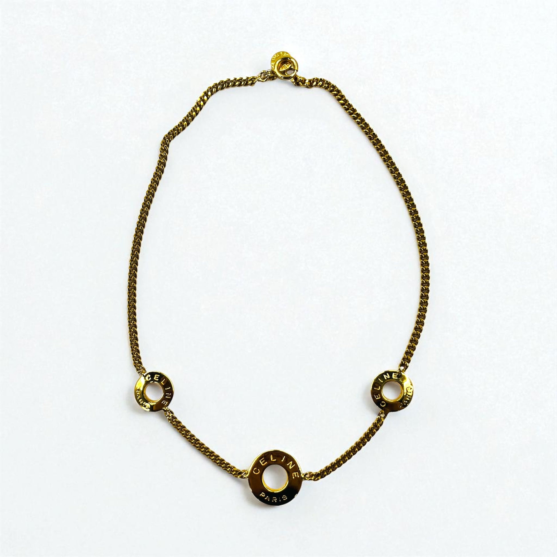 CELINE Vintage Collana Girocollo Catena Figaro Oro Triplo Logo a Cerchio Incisione LE Fatto in Italia