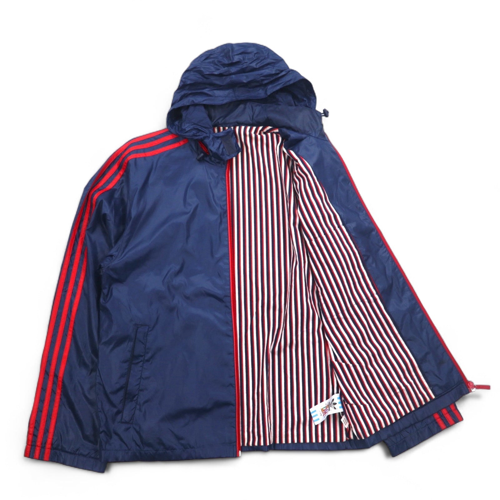 adidas originals giacca in nylon tuta anni 2000 S blu navy 3 strisce cappuccio ripiegabile
