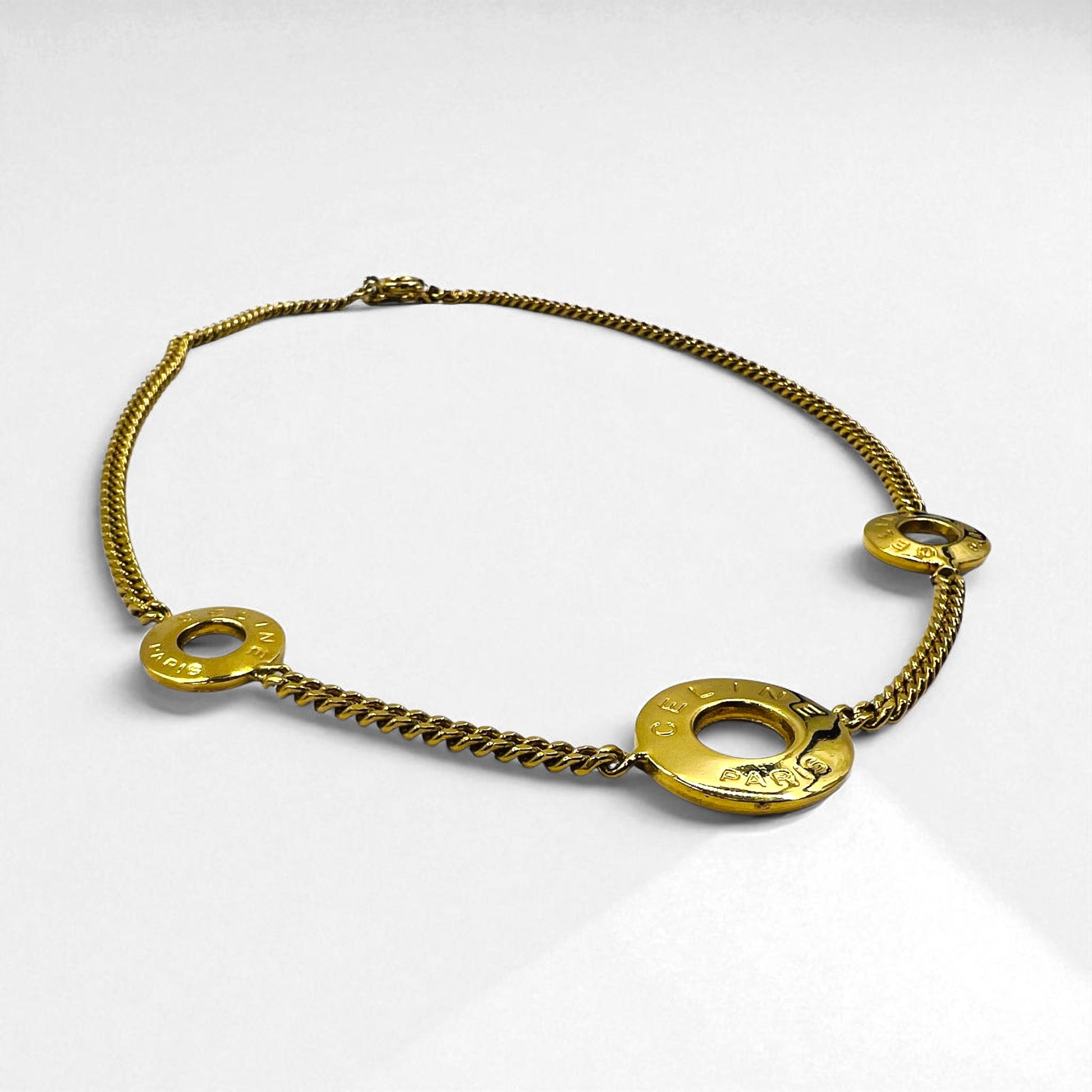 CELINE Vintage Collana Girocollo Catena Figaro Oro Triplo Logo a Cerchio Incisione LE Fatto in Italia