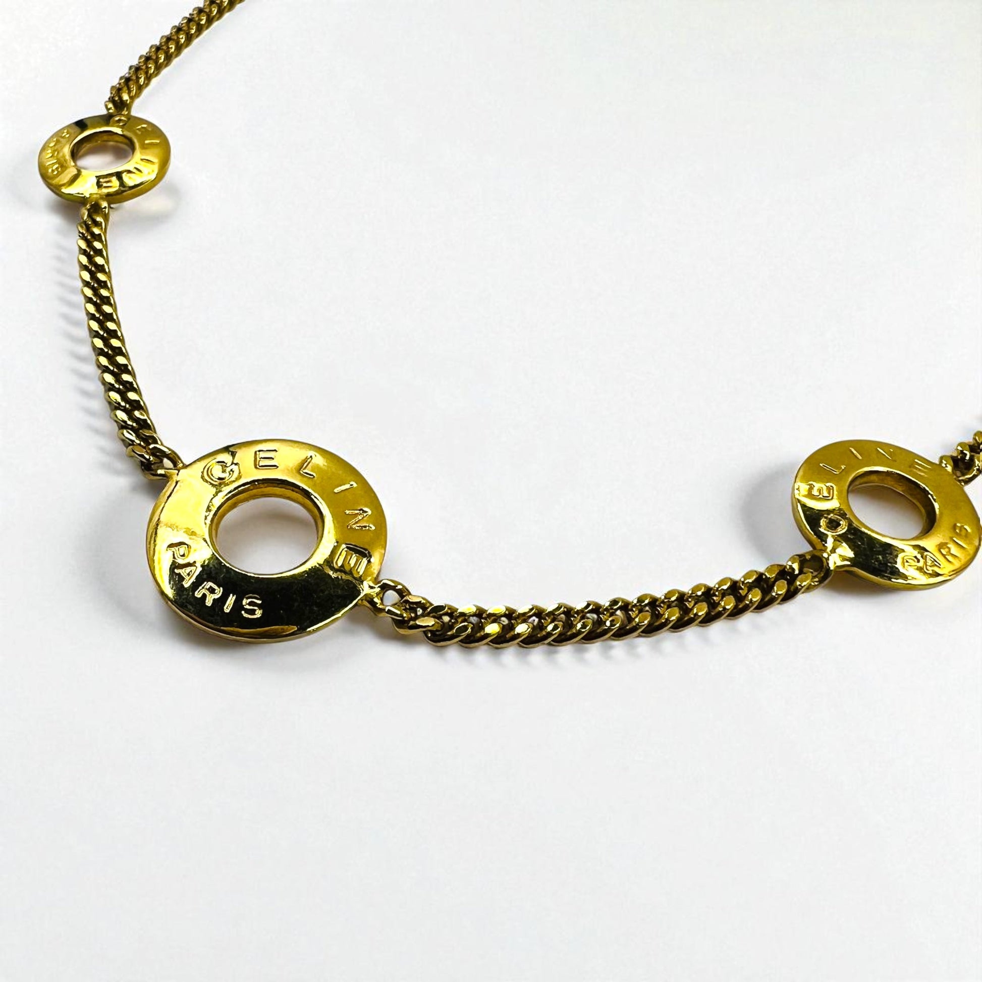 CELINE Vintage Collana Girocollo Catena Figaro Oro Triplo Logo a Cerchio Incisione LE Fatto in Italia