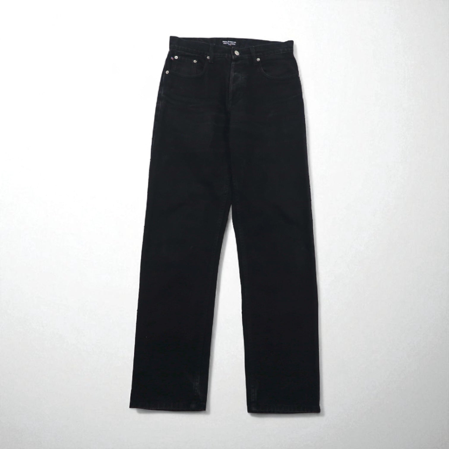 POLO JEANS CO. RALPH LAUREN anni '90 Jeans Dritti M Neri Bottone a Volo Patch in Pelle Fabbricato in Marocco