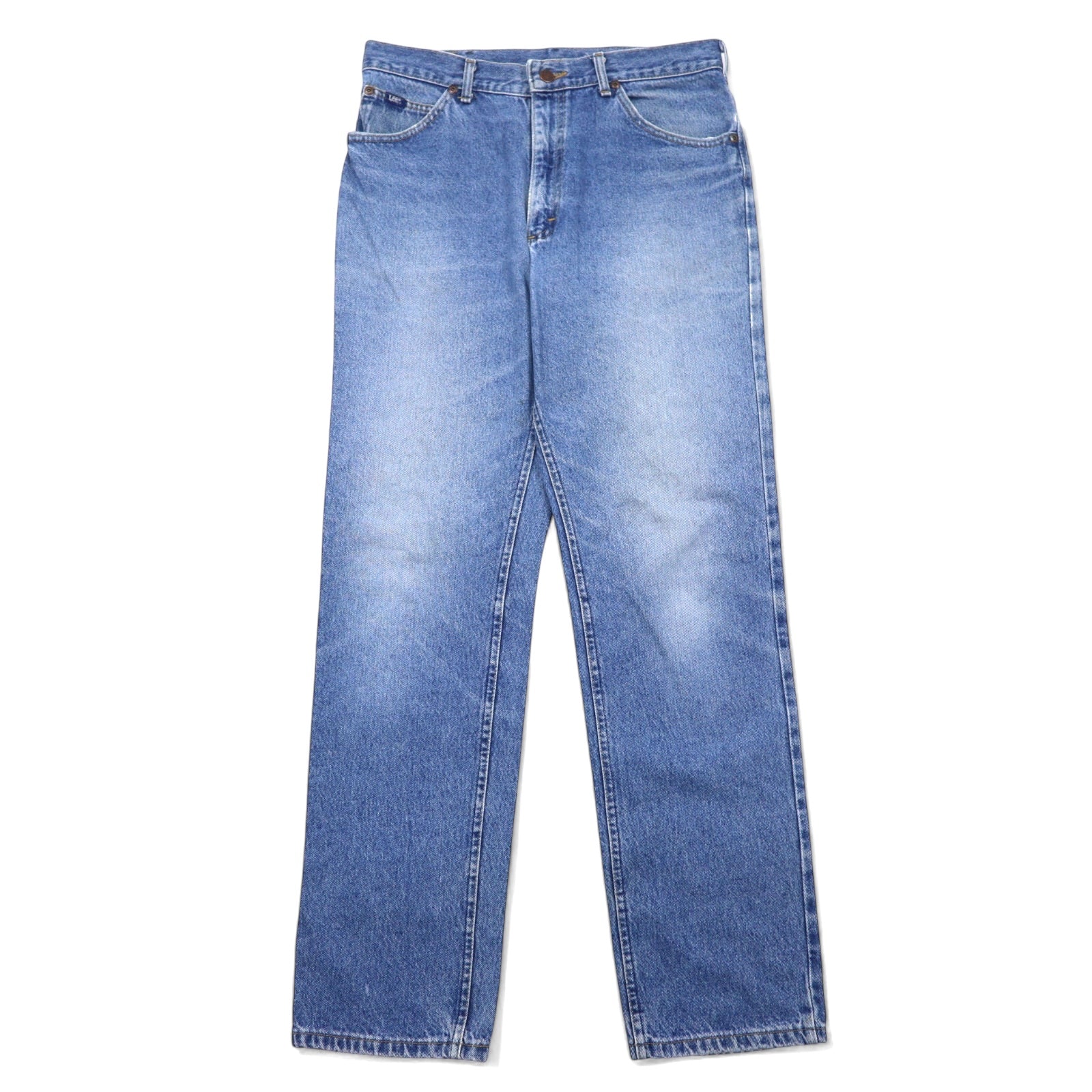 Lee Jeans di jeans, anni '90, made in USA, taglia 34, blu, cotone, toppa in pelle, chiusura con cerniera, 200-8989