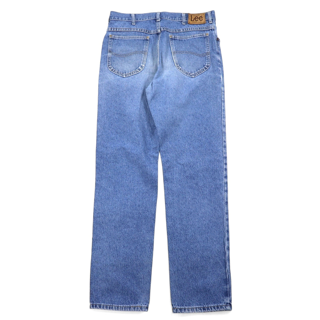 Lee Jeans di jeans, anni '90, made in USA, taglia 34, blu, cotone, toppa in pelle, chiusura con cerniera, 200-8989