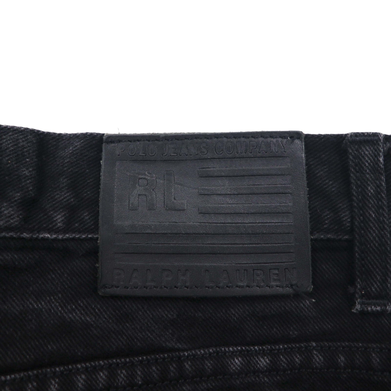 POLO JEANS CO. RALPH LAUREN anni '90 Jeans Dritti M Neri Bottone a Volo Patch in Pelle Fabbricato in Marocco