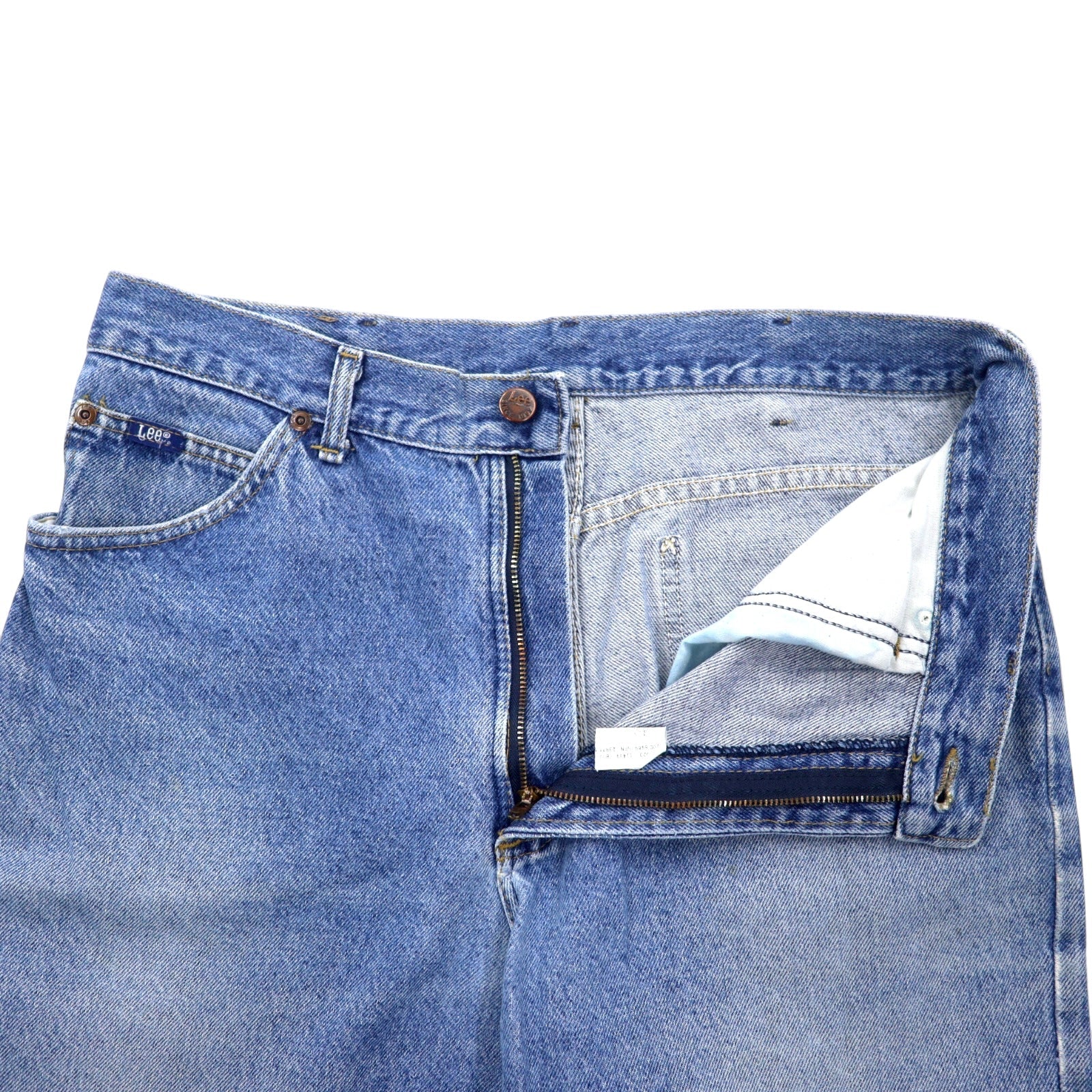 Lee Jeans di jeans, anni '90, made in USA, taglia 34, blu, cotone, toppa in pelle, chiusura con cerniera, 200-8989