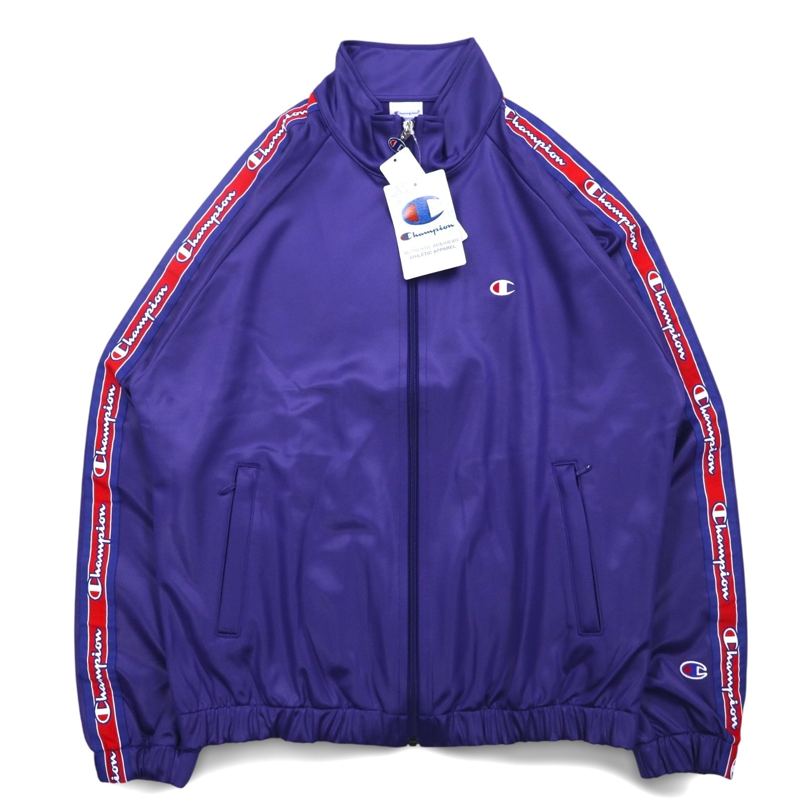 Giacca tuta Champion in jersey, taglia M, colore violetto, con logo script, nastro jacquard, modello C3-Q601, articolo nuovo.