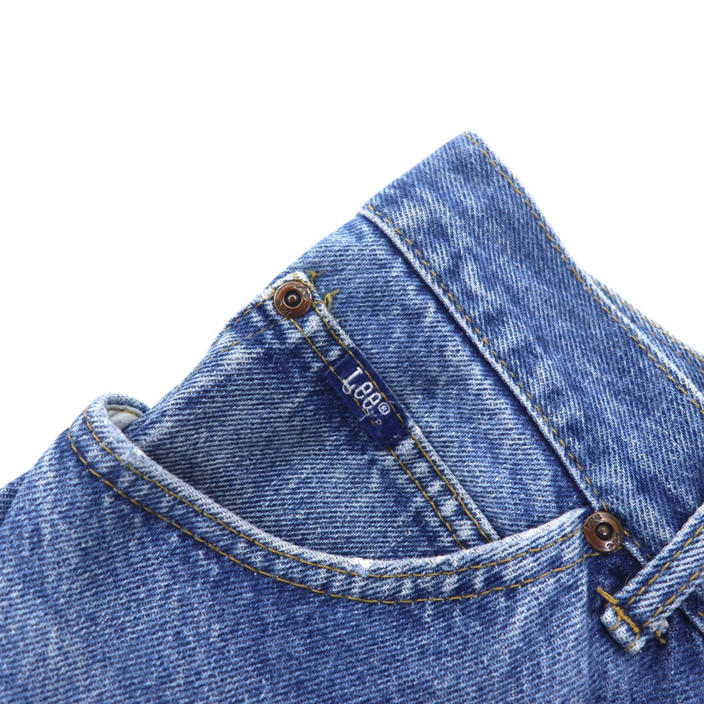 Lee Jeans di jeans, anni '90, made in USA, taglia 34, blu, cotone, toppa in pelle, chiusura con cerniera, 200-8989