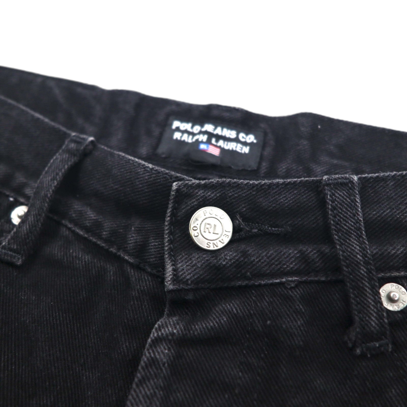 POLO JEANS CO. RALPH LAUREN anni '90 Jeans Dritti M Neri Bottone a Volo Patch in Pelle Fabbricato in Marocco