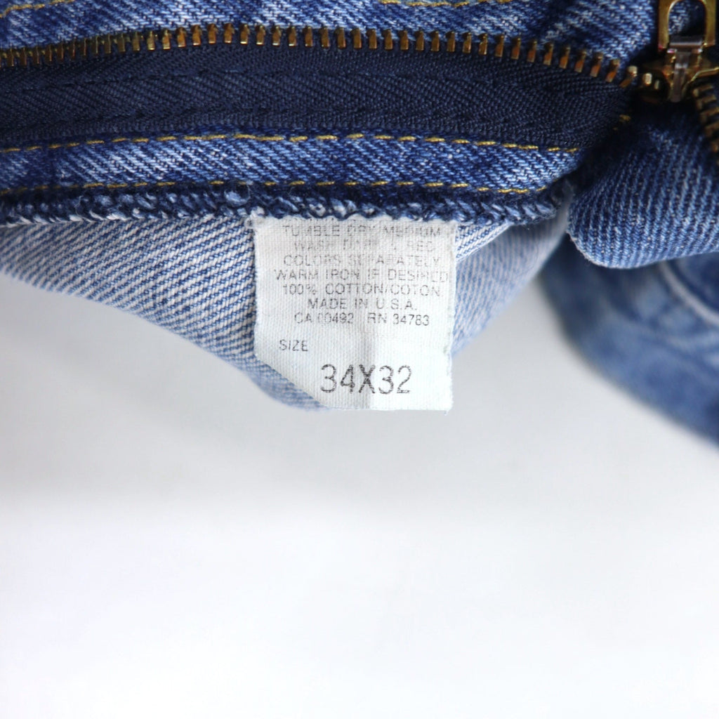 Lee Jeans di jeans, anni '90, made in USA, taglia 34, blu, cotone, toppa in pelle, chiusura con cerniera, 200-8989