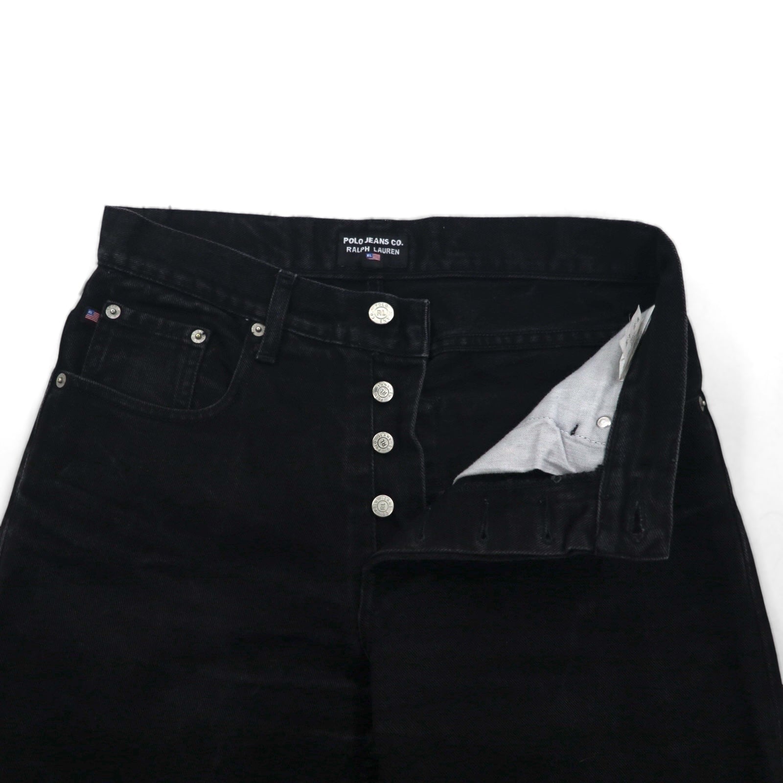 POLO JEANS CO. RALPH LAUREN anni '90 Jeans Dritti M Neri Bottone a Volo Patch in Pelle Fabbricato in Marocco