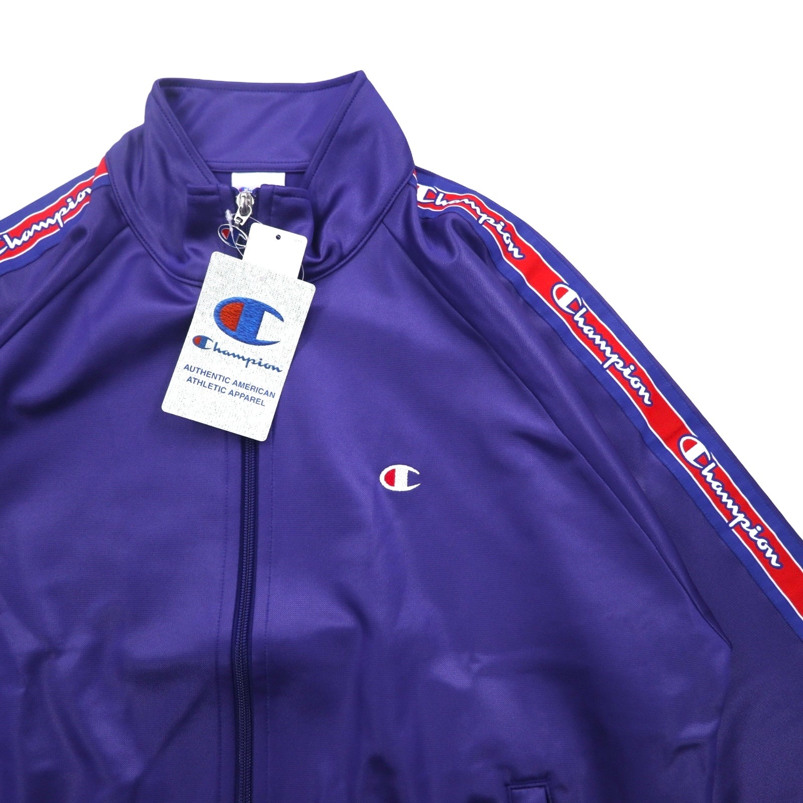 Giacca tuta Champion in jersey, taglia M, colore violetto, con logo script, nastro jacquard, modello C3-Q601, articolo nuovo.