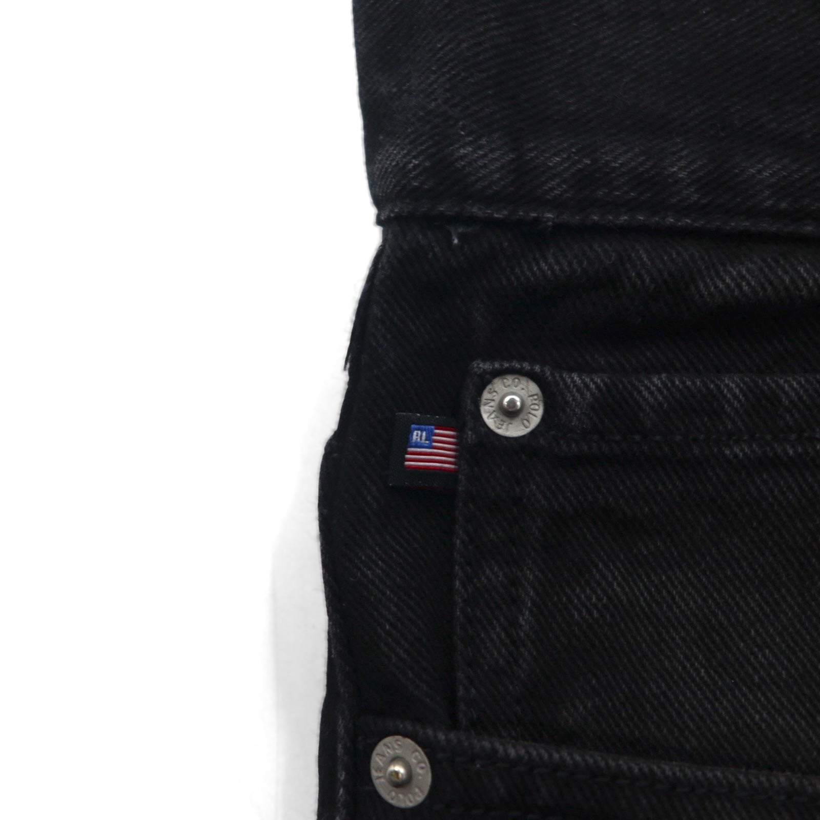 POLO JEANS CO. RALPH LAUREN anni '90 Jeans Dritti M Neri Bottone a Volo Patch in Pelle Fabbricato in Marocco