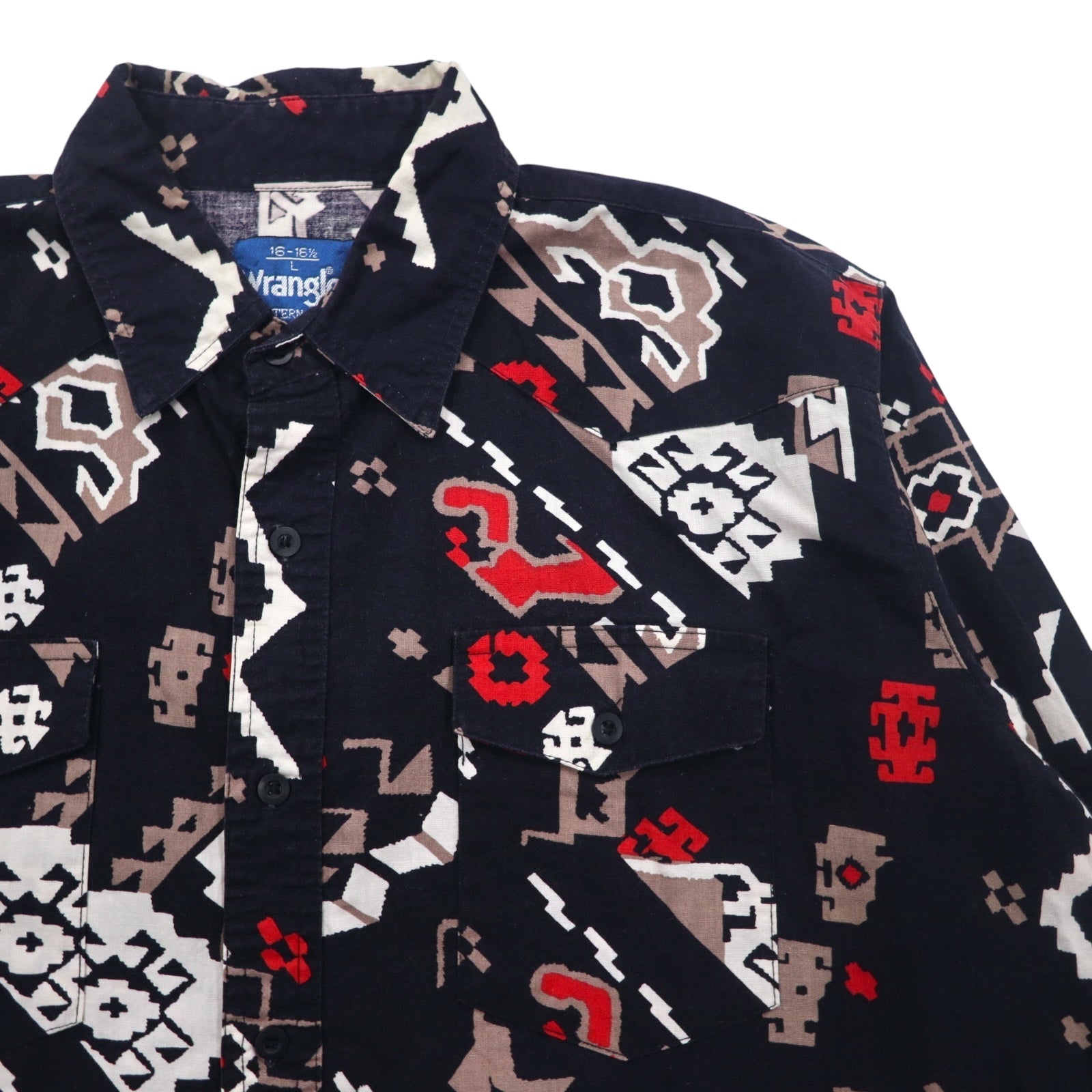 Wrangler anni '90 camicia western fantasia nativa L nera in cotone con tasche a patta sul petto