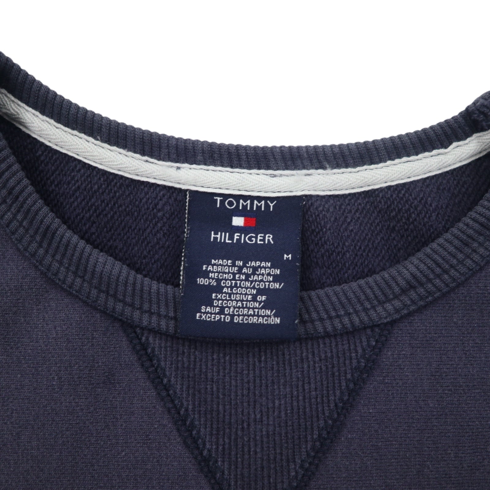 TOMMY HILFIGER anni '90 felpa navy con stampa scollo a V cotone made in Japan
