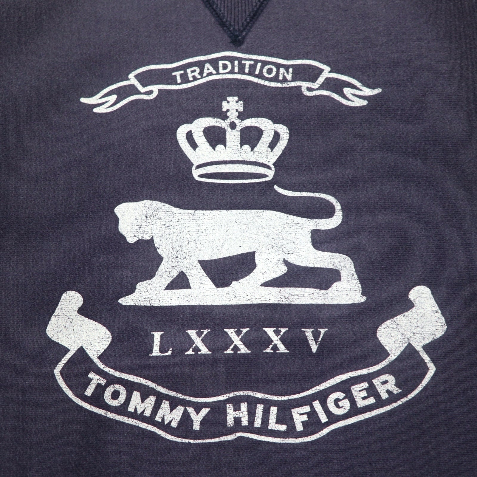 TOMMY HILFIGER anni '90 felpa navy con stampa scollo a V cotone made in Japan
