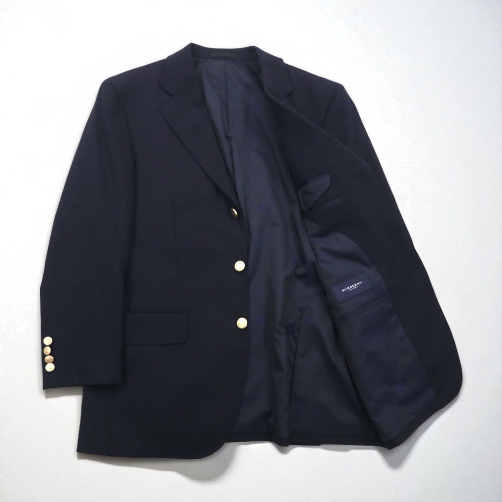 BURBERRY Giacca sartoriale 3 bottoni in misto cashmere, blazer blu navy, taglia S, lana, bottoni dorati, made in Japan