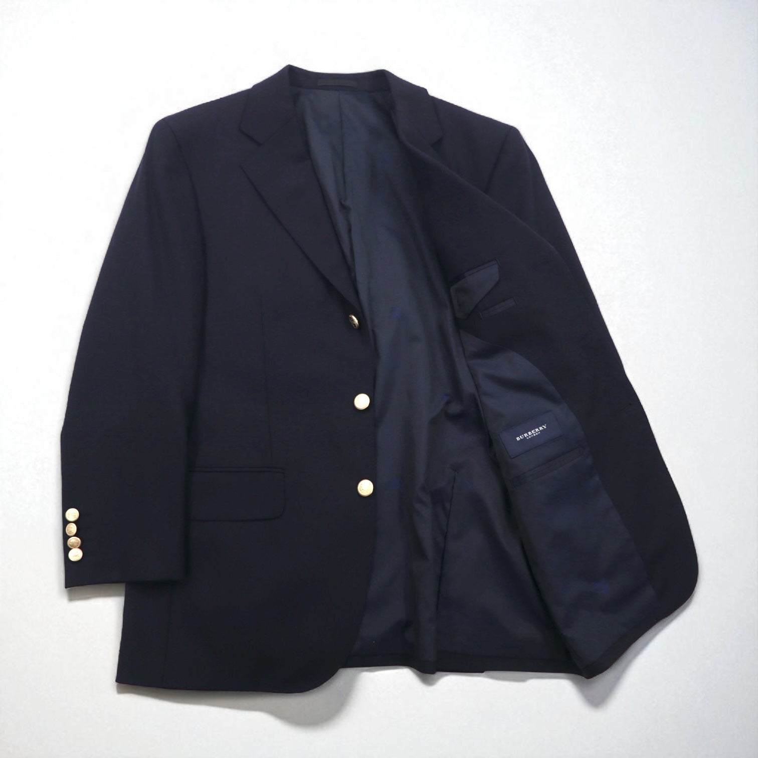 BURBERRY Giacca sartoriale 3 bottoni in misto cashmere, blazer blu navy, taglia S, lana, bottoni dorati, made in Japan