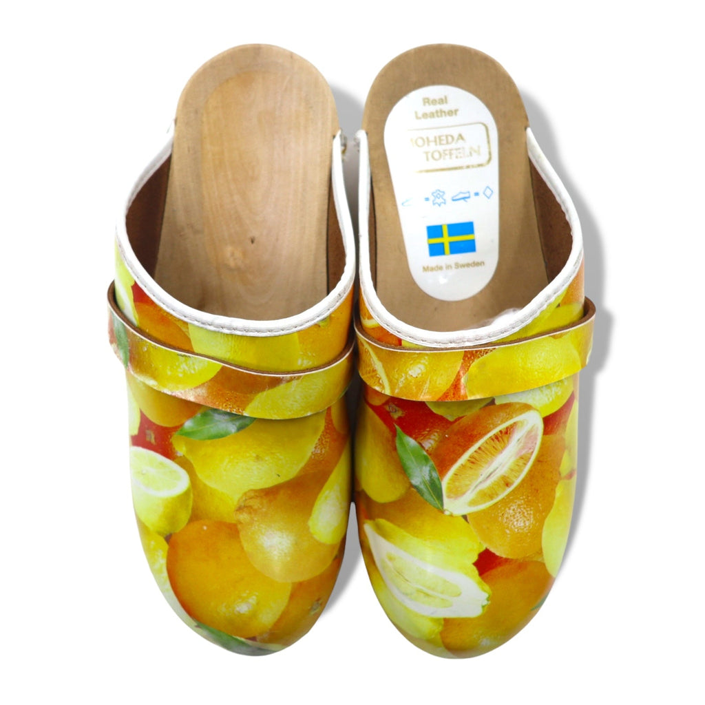 MOHEDA TOFFELN zoccoli sandali svedesi 25cm arancione pelle fantasia frutta