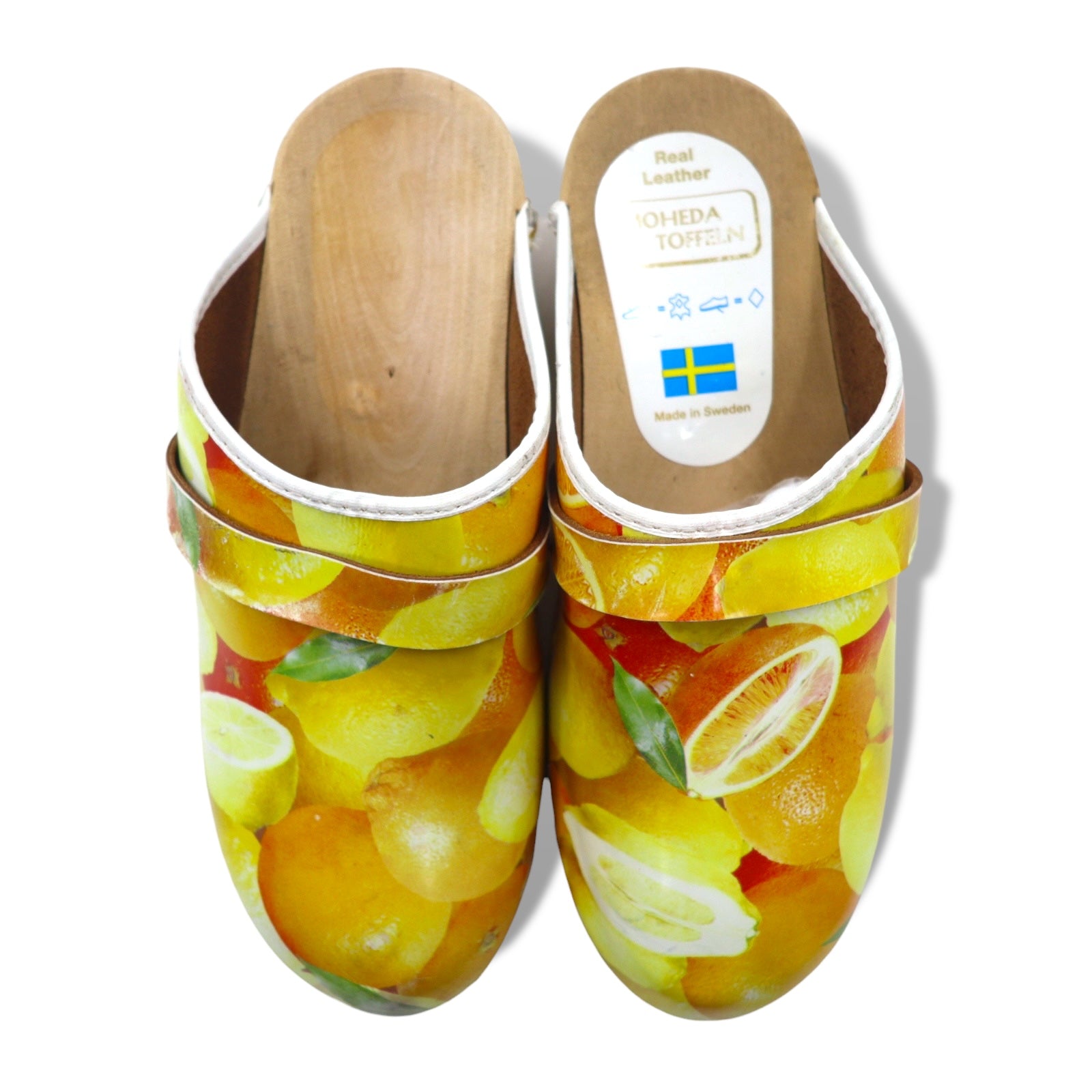 MOHEDA TOFFELN zoccoli sandali svedesi 25cm arancione pelle fantasia frutta